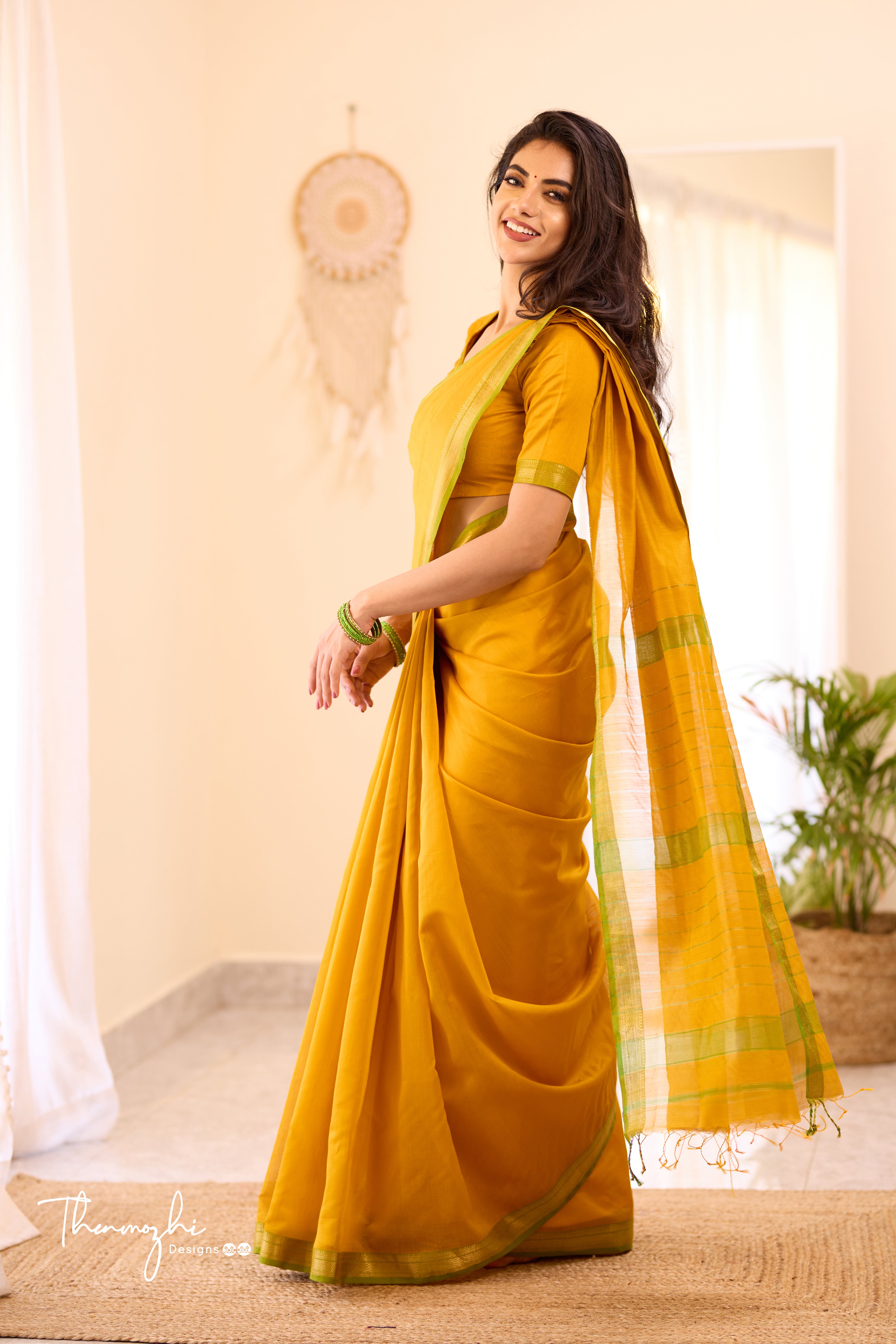 Yellow Maheshwari Silk Cotton with Green Small Border Saree