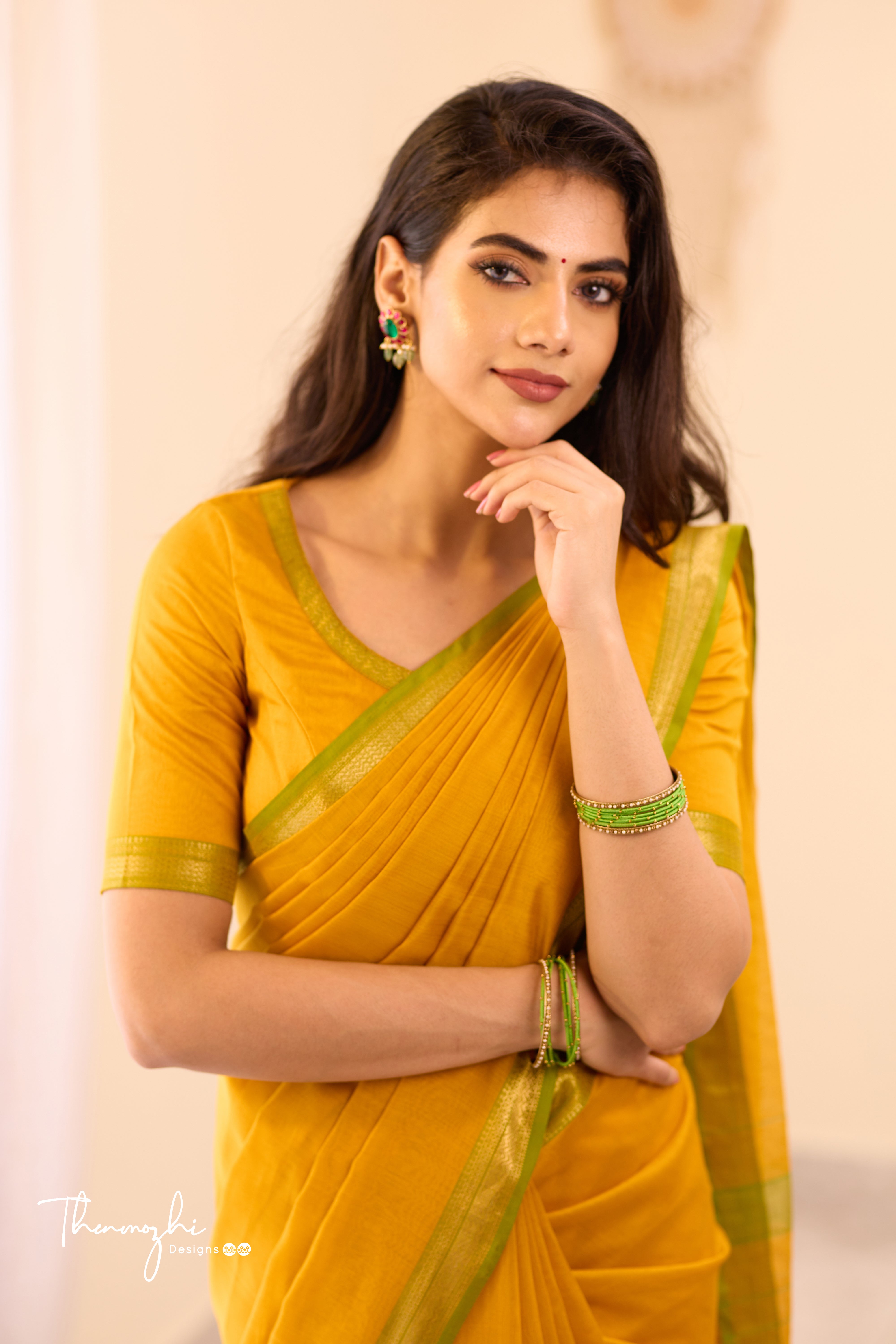 Yellow Maheshwari Silk Cotton with Green Small Border Saree