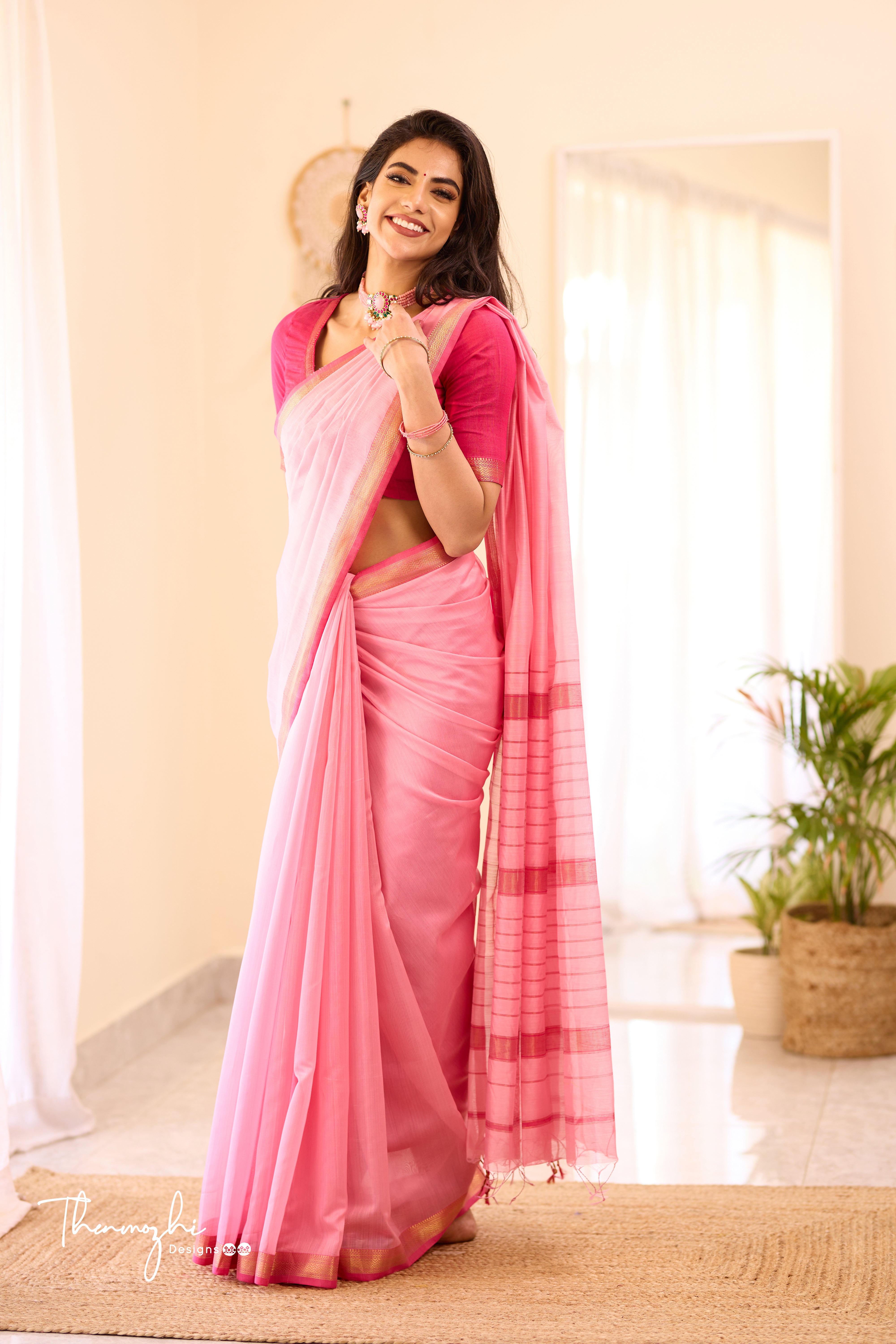 Light Pink Maheshwari Silk Cotton with Dark Pink Small Border