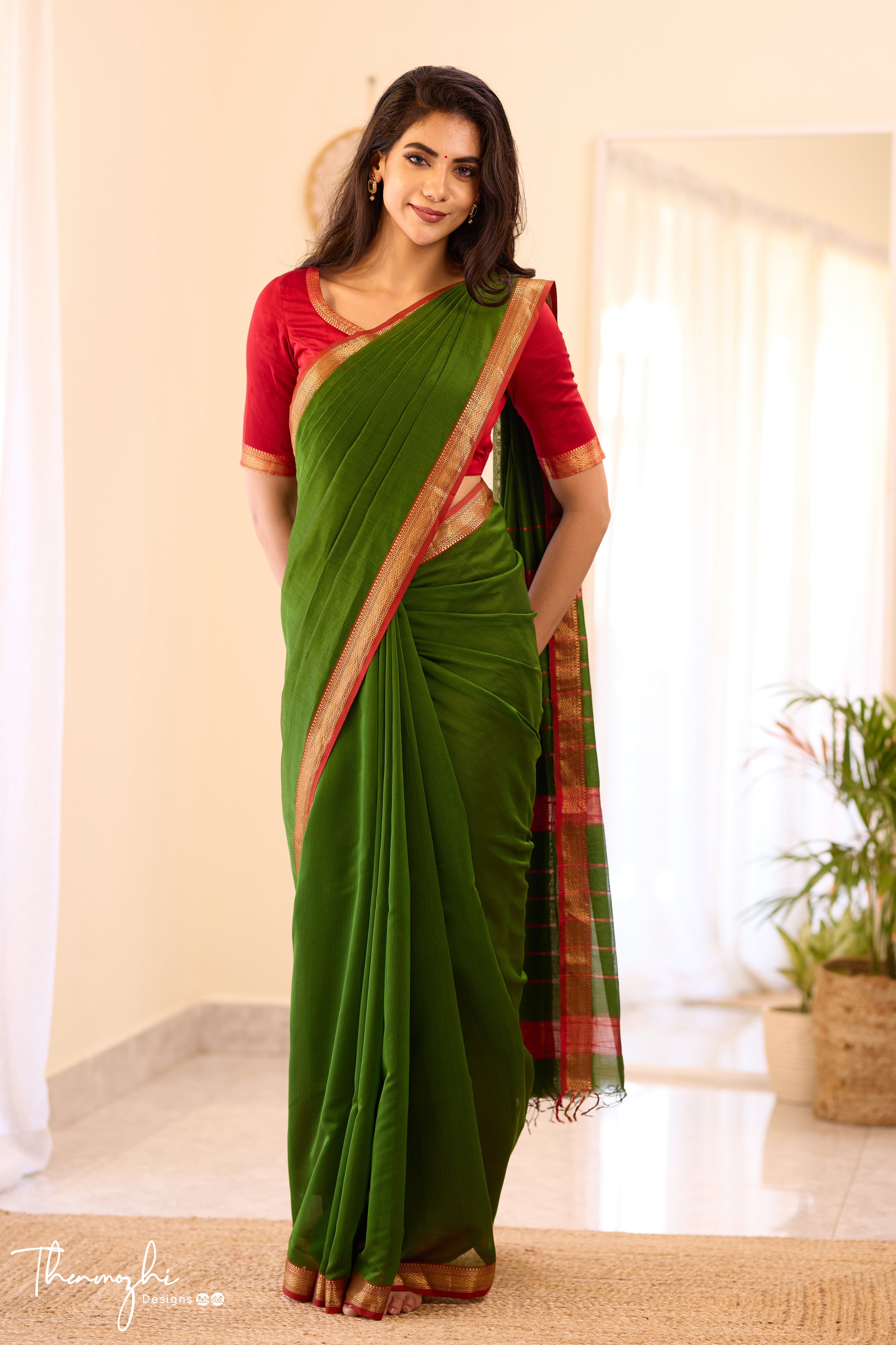 Green Maheshwari Silk Cotton with Red Small Border