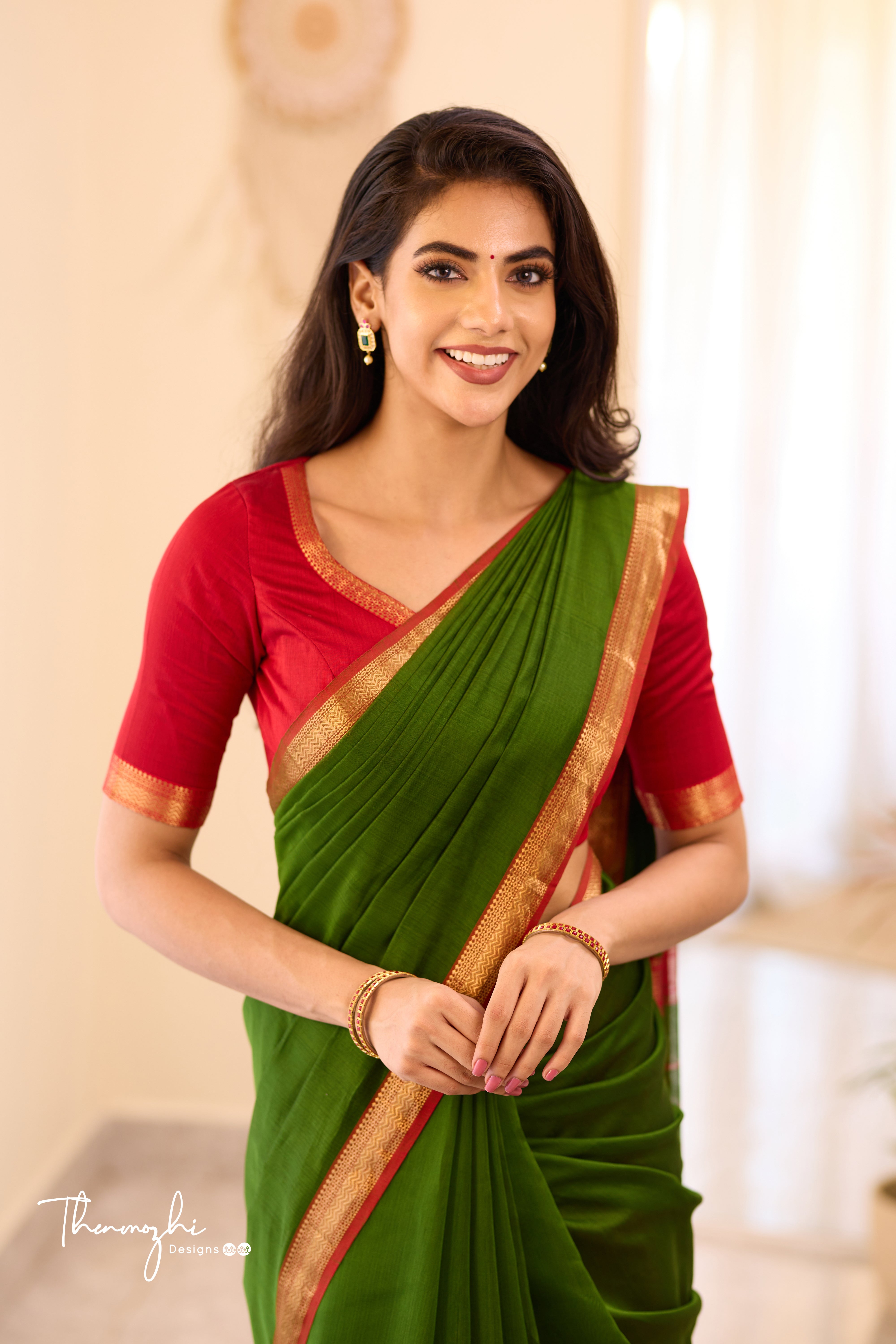 Green Maheshwari Silk Cotton with Red Small Border