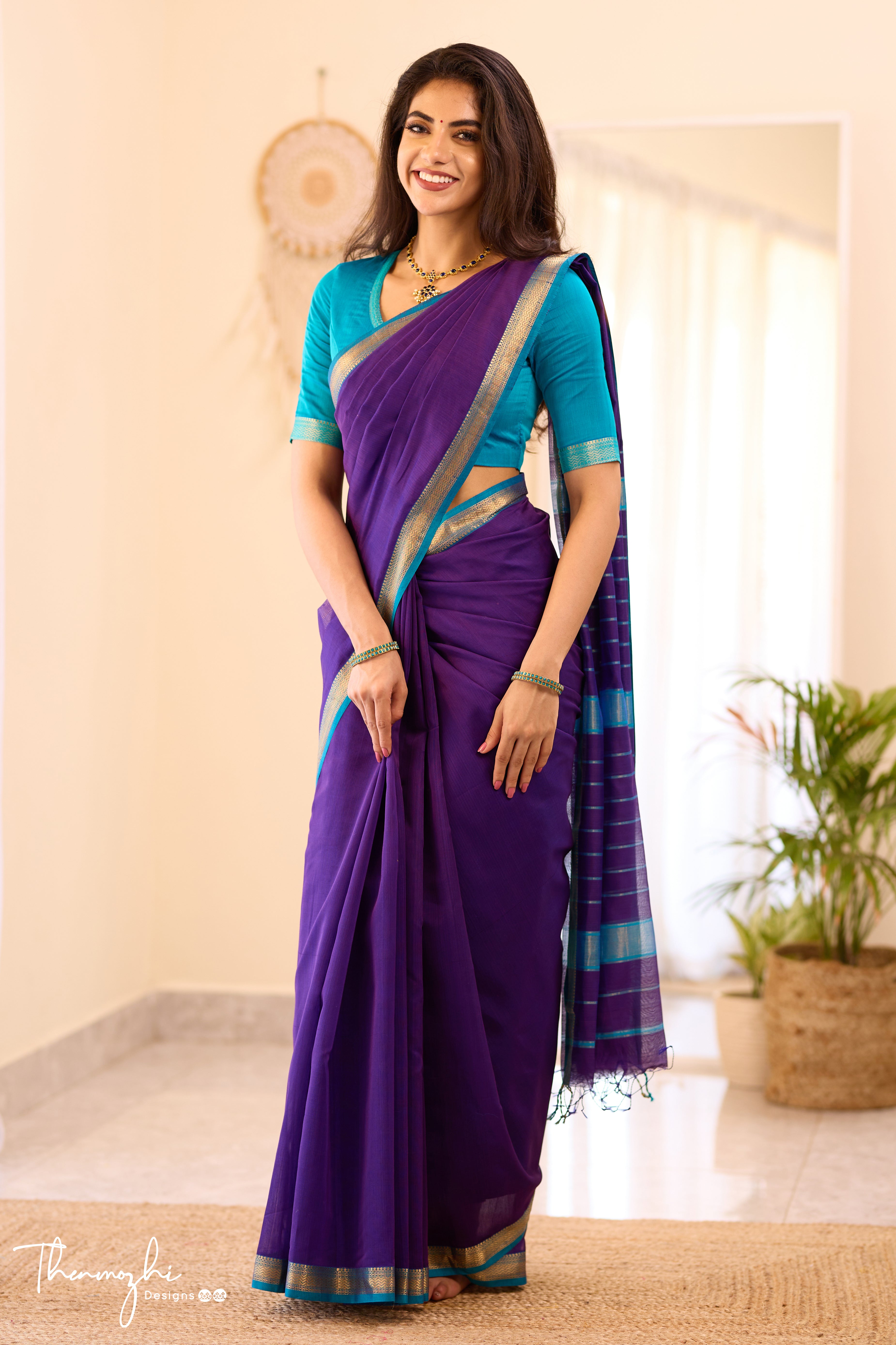 Blue Maheshwari Silk Cotton with Turquiose Small Border