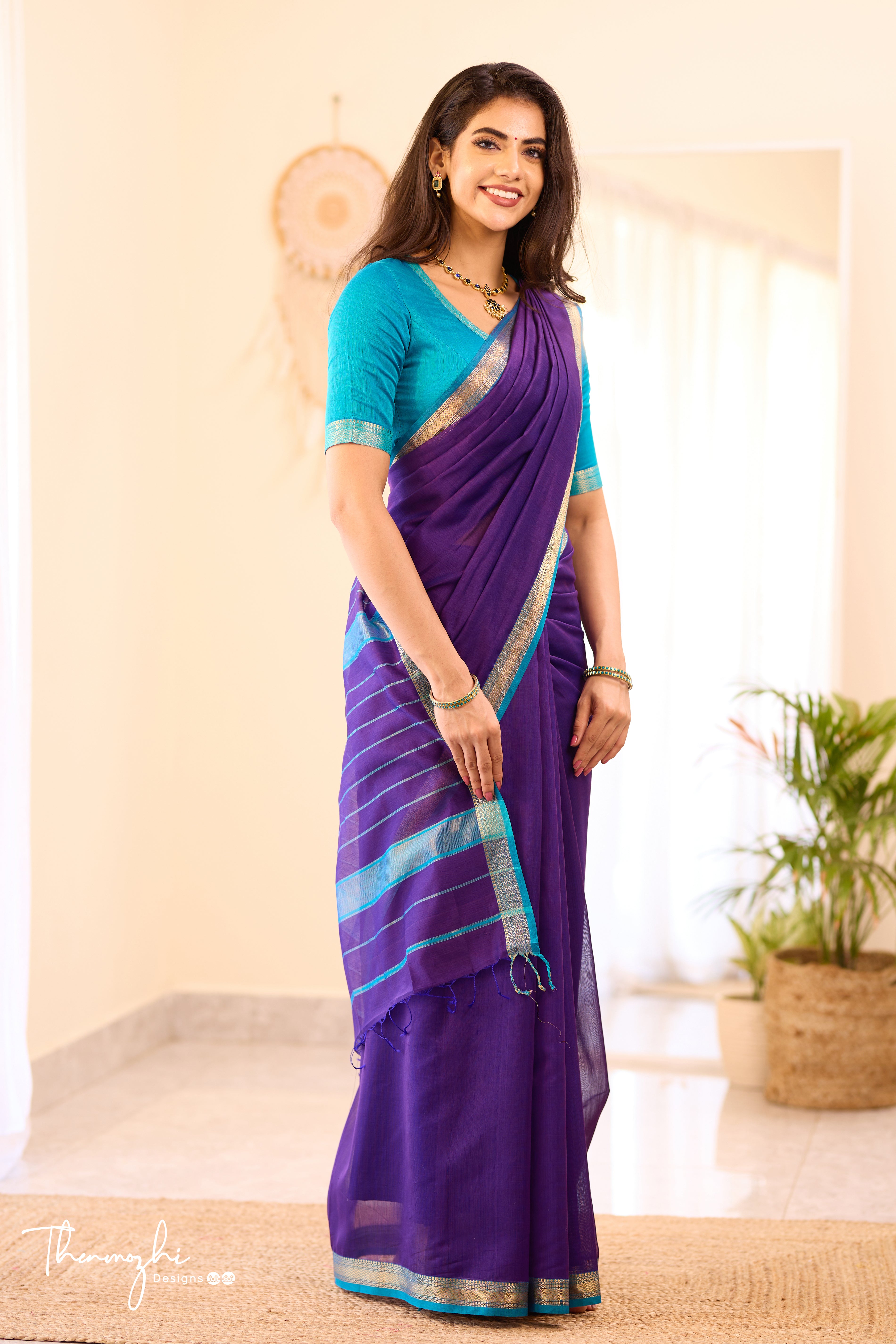 Blue Maheshwari Silk Cotton with Turquiose Small Border