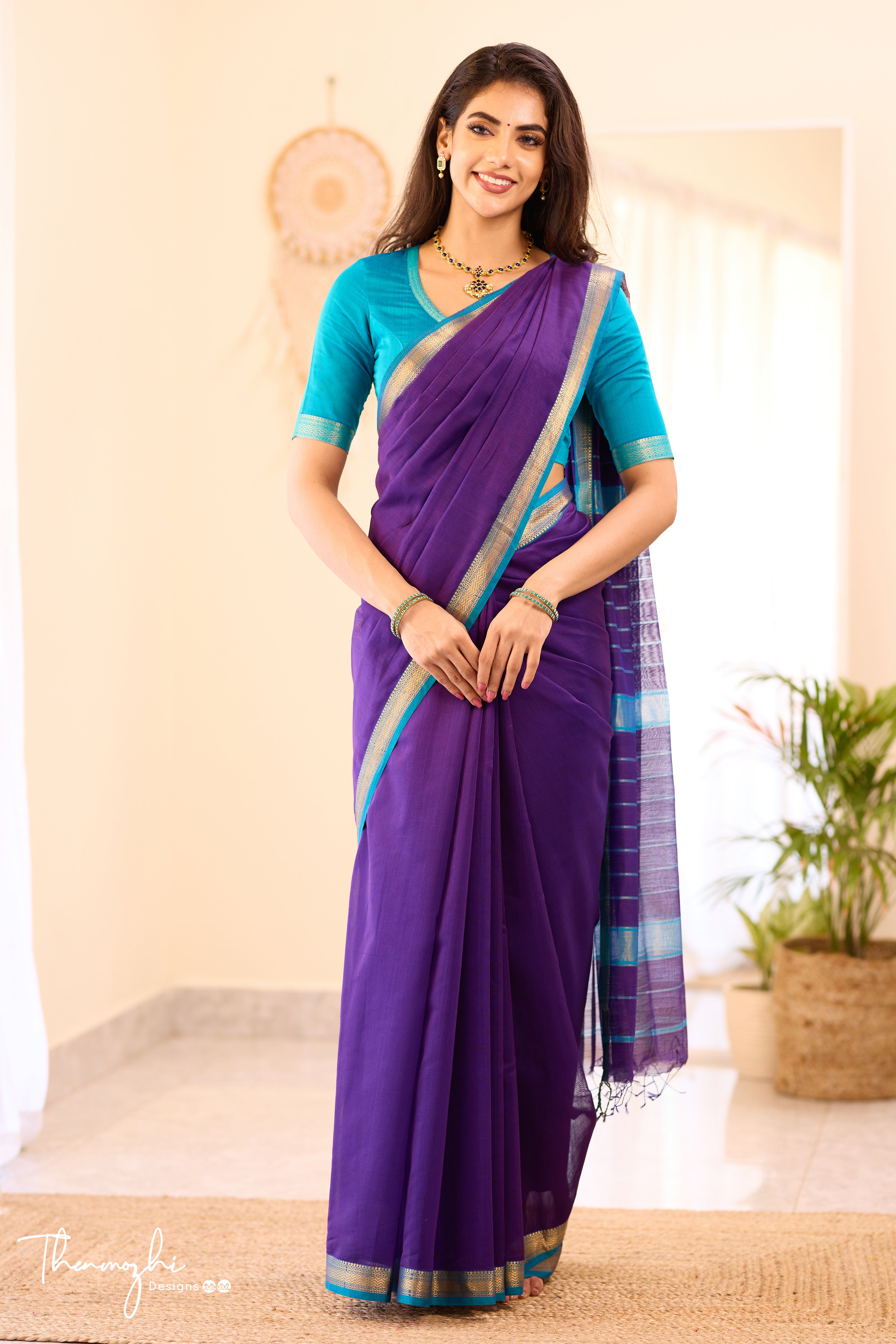 Blue Maheshwari Silk Cotton with Turquiose Small Border