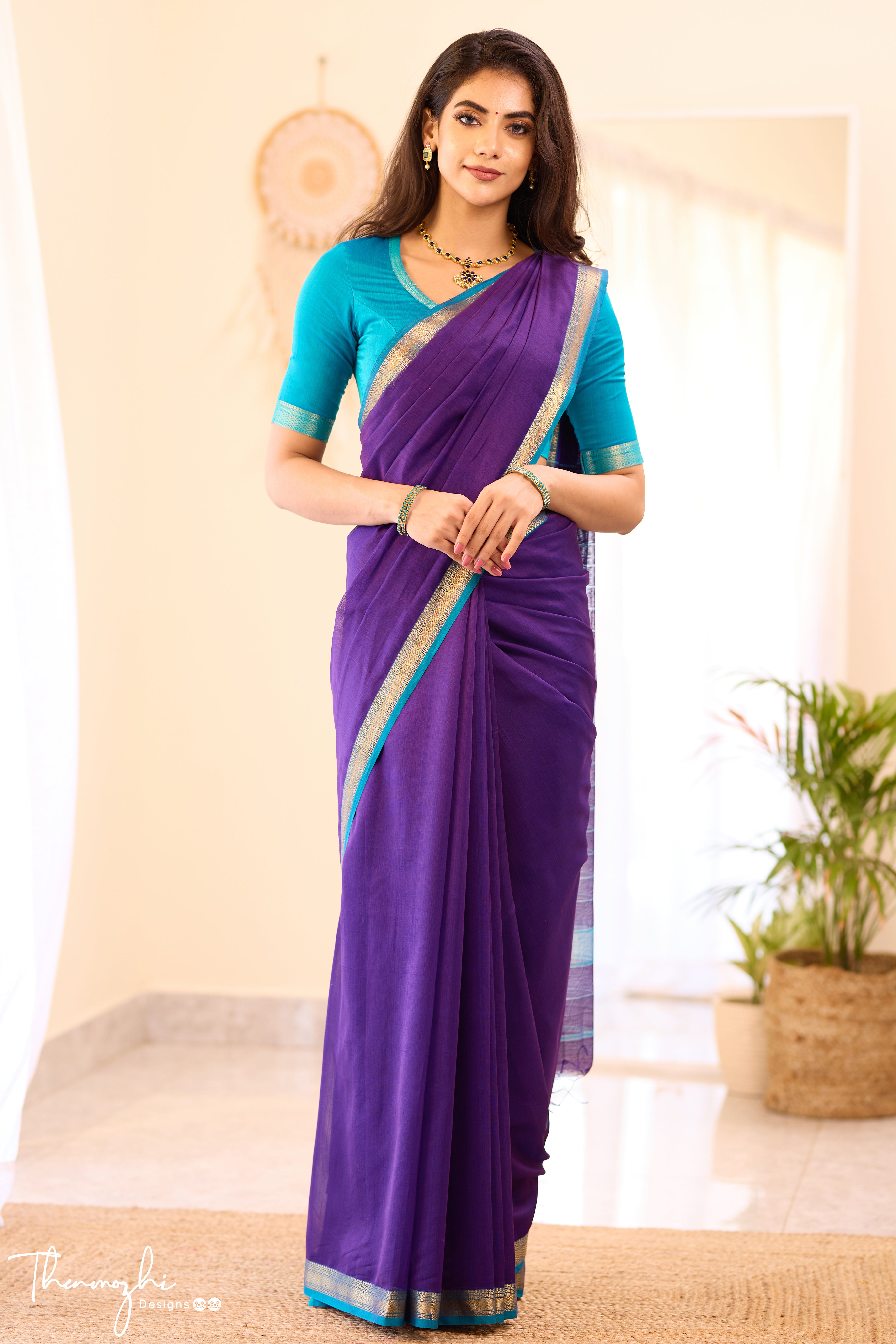 Blue Maheshwari Silk Cotton with Turquiose Small Border