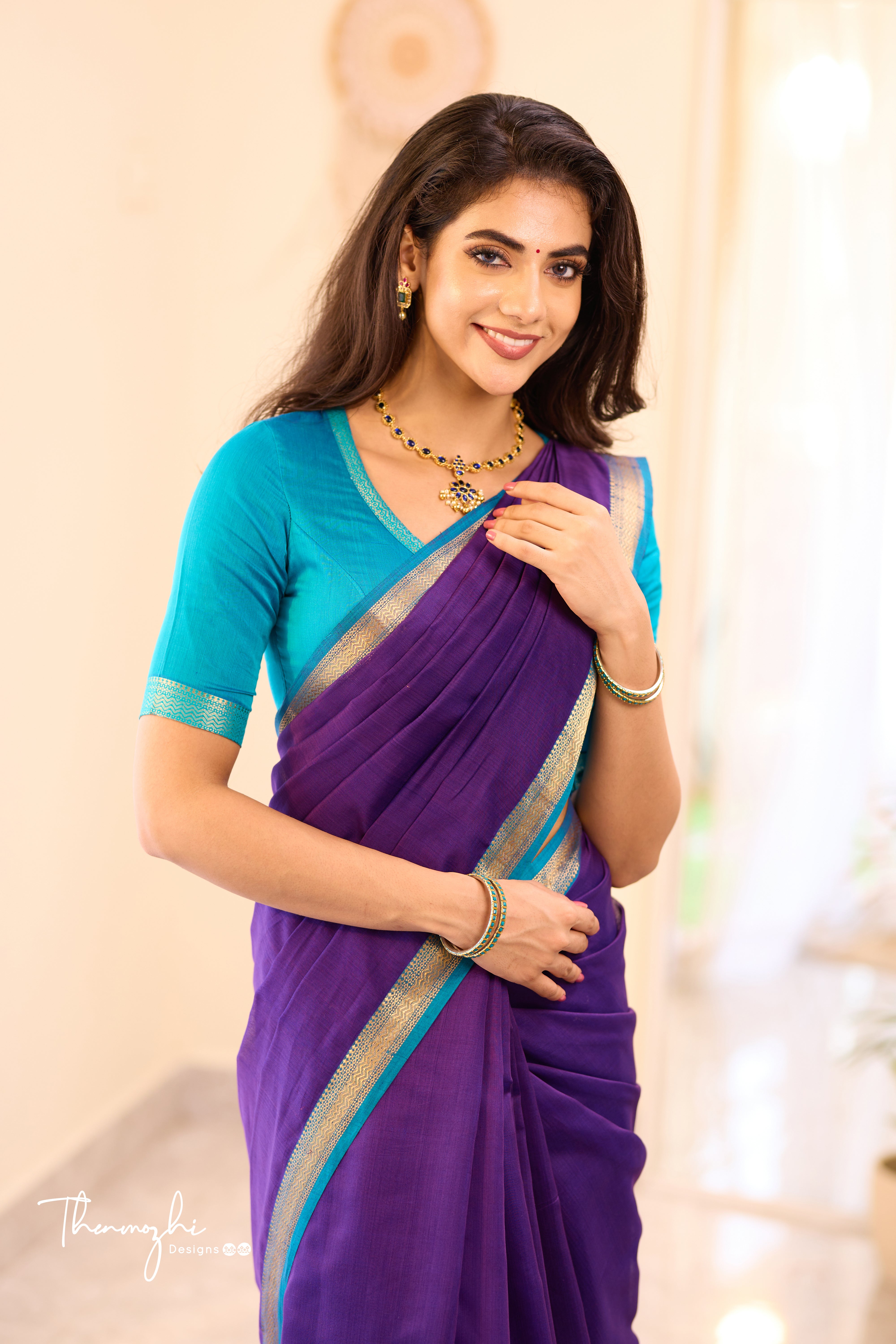 Blue Maheshwari Silk Cotton with Turquiose Small Border