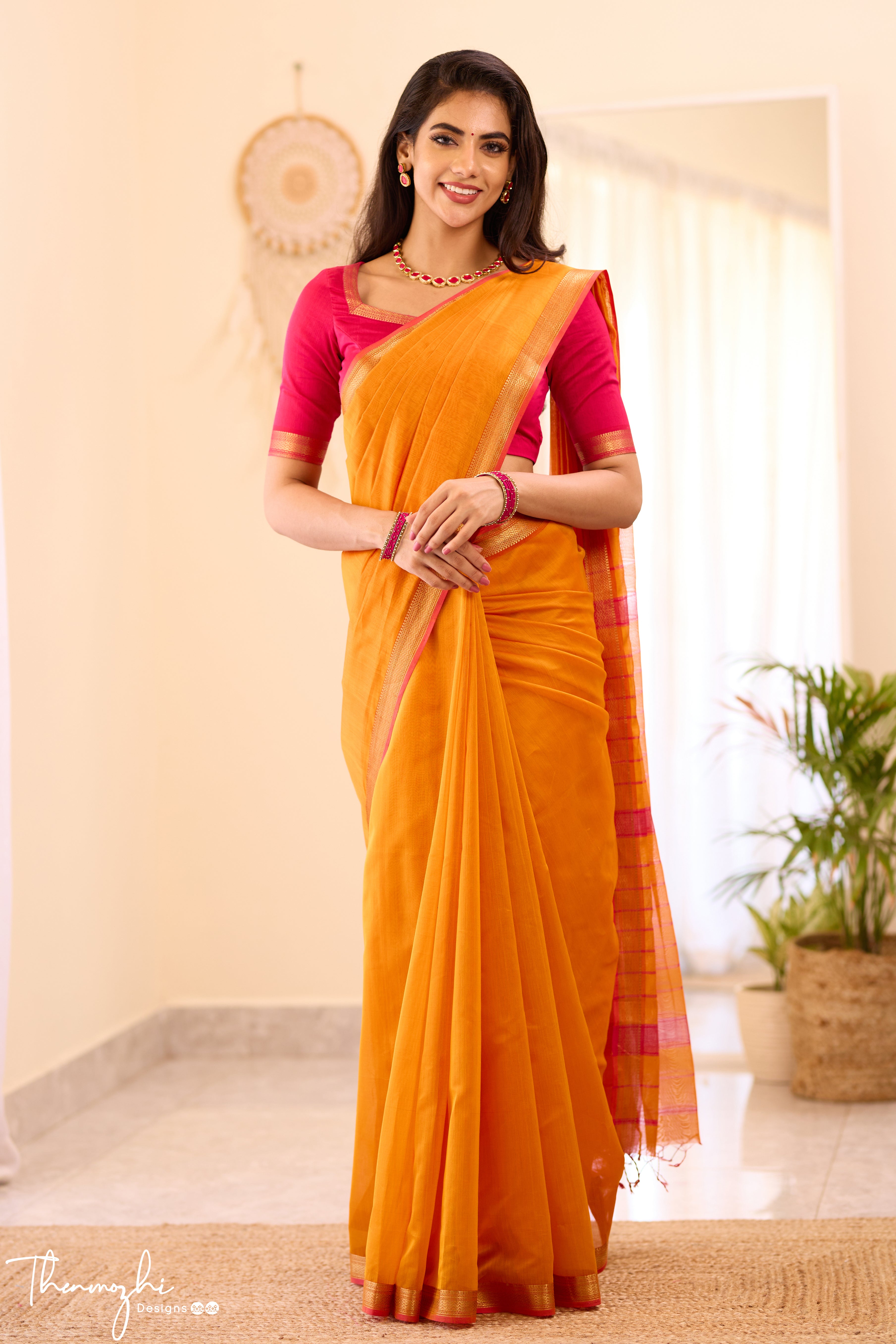 Orange Maheshwari Silk Cotton with Pink Small Border