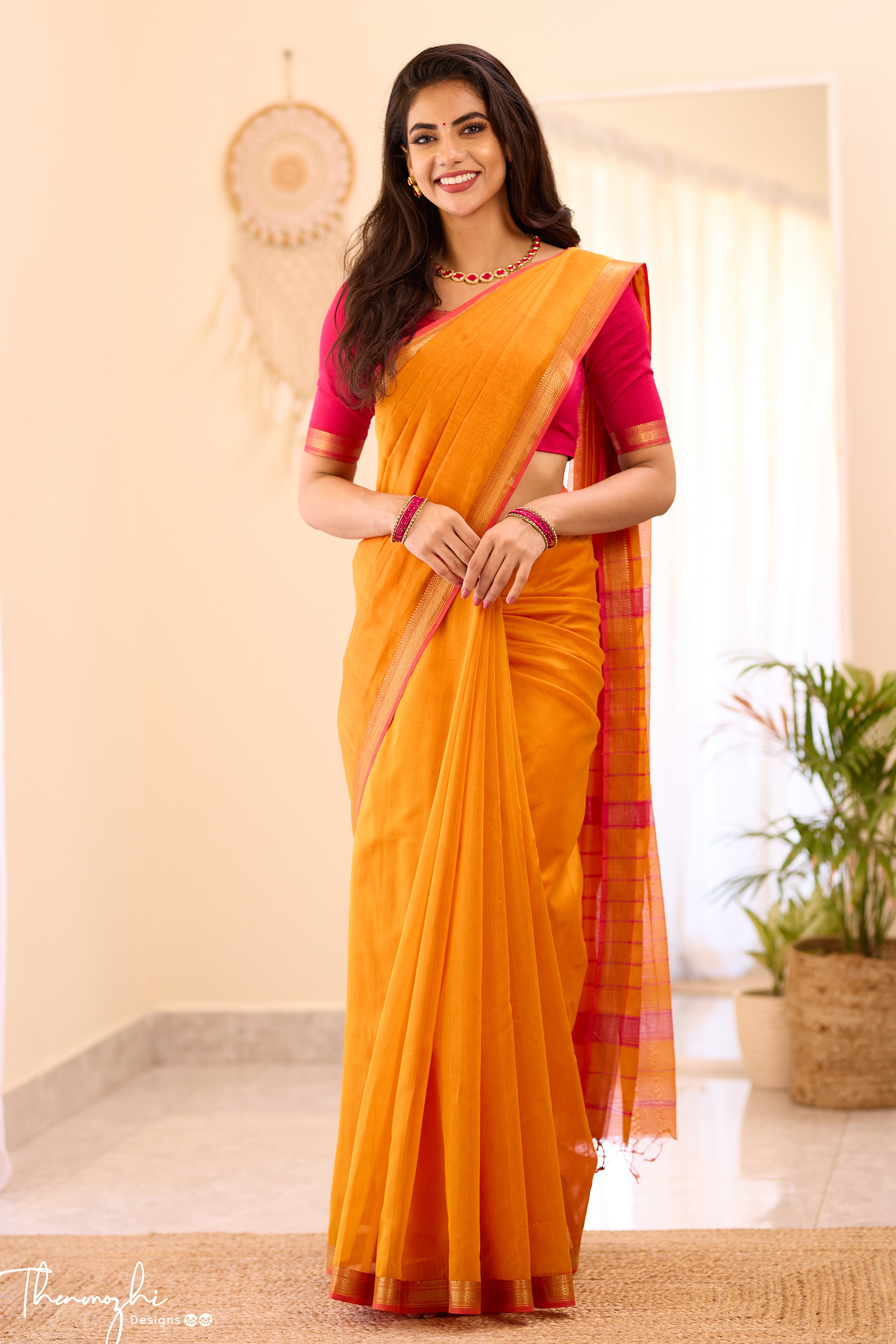 Orange Maheshwari Silk Cotton with Pink Small Border