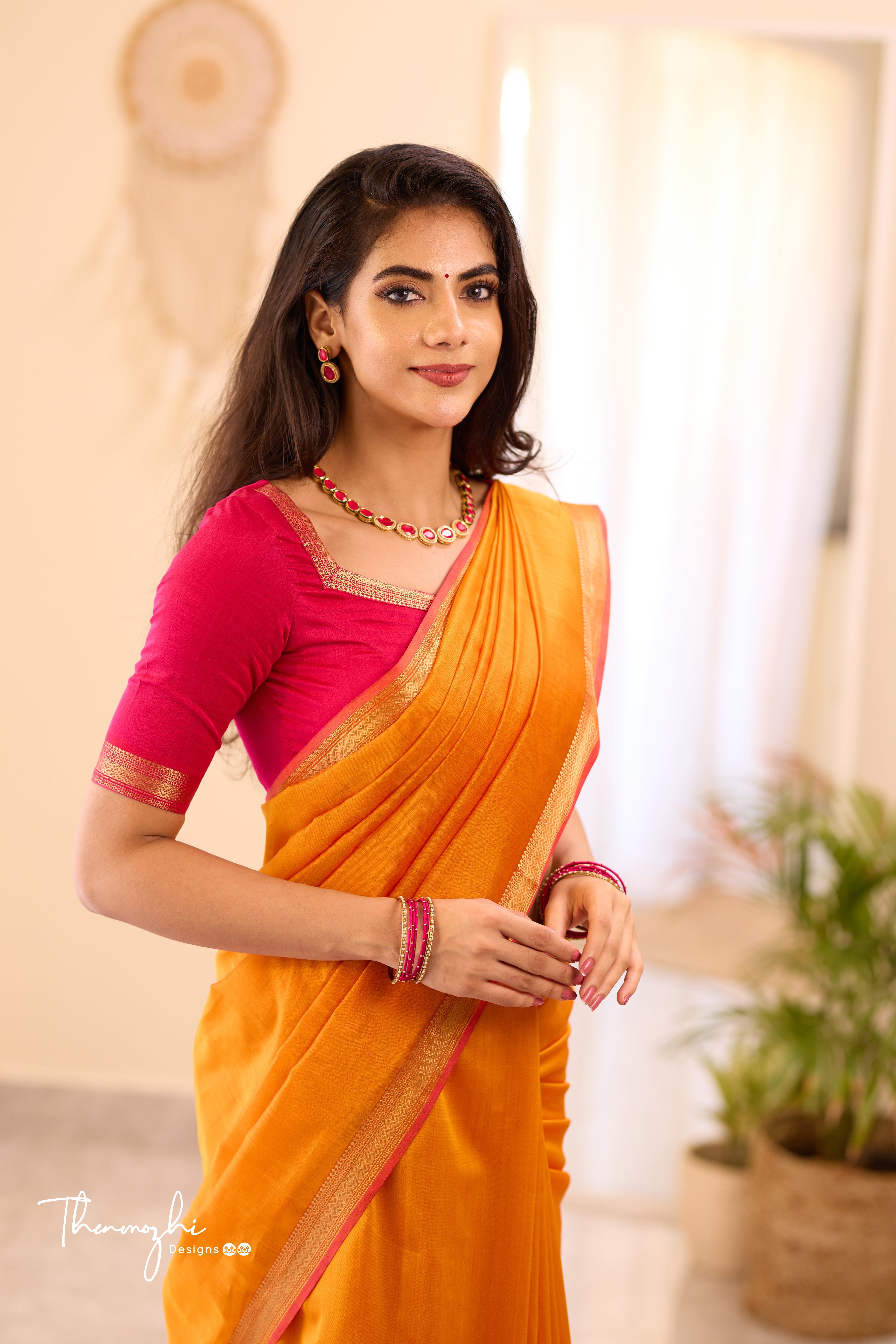 Orange Maheshwari Silk Cotton with Pink Small Border