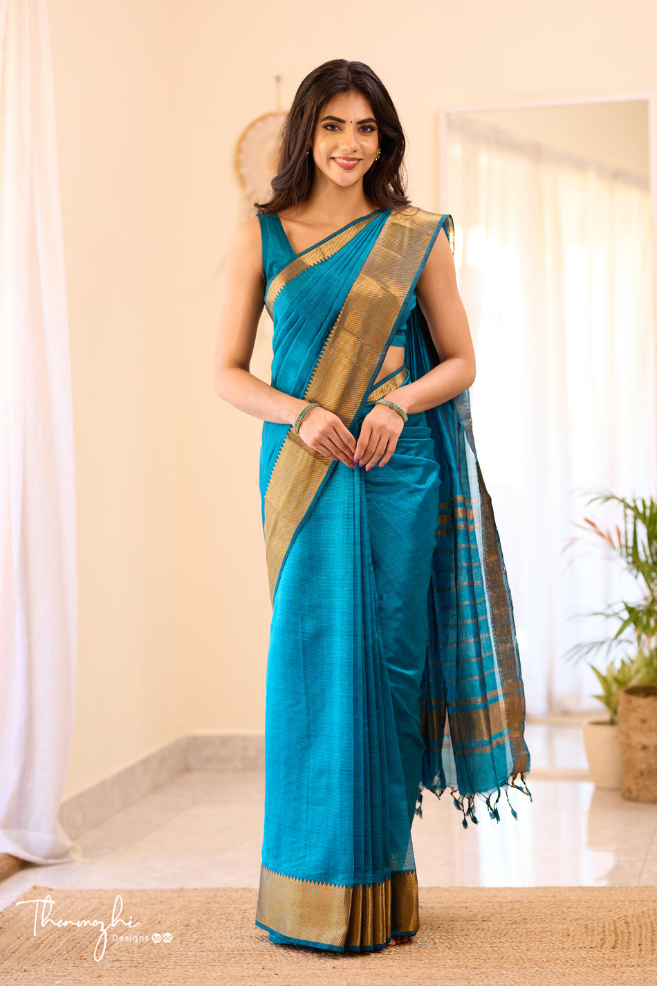 Electric Blue Handwoven Mangalagiri Silk Cotton