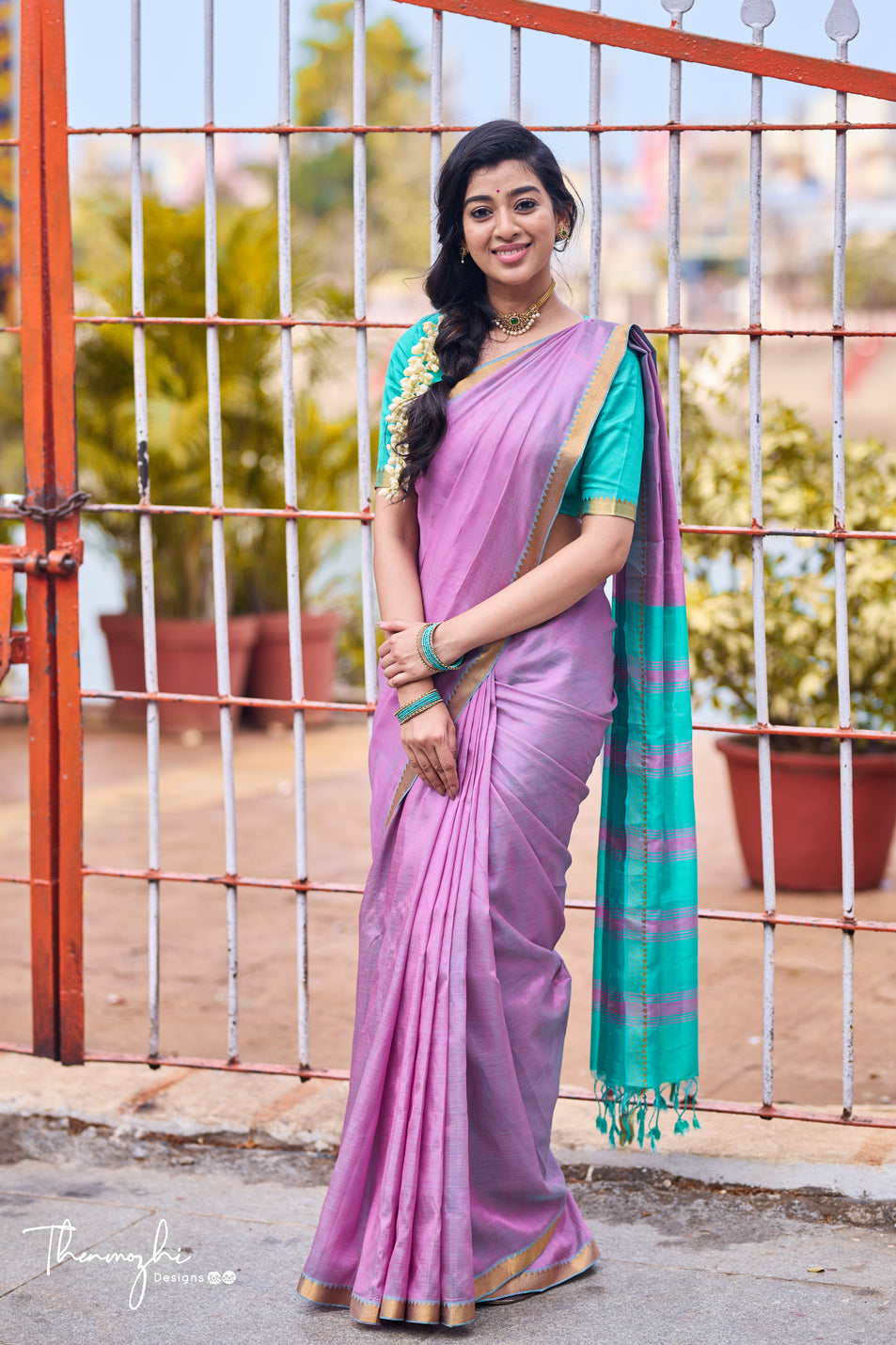 Light Pink and Turquiose Handwoven Mangalagiri Semi Silk Cotton Saree