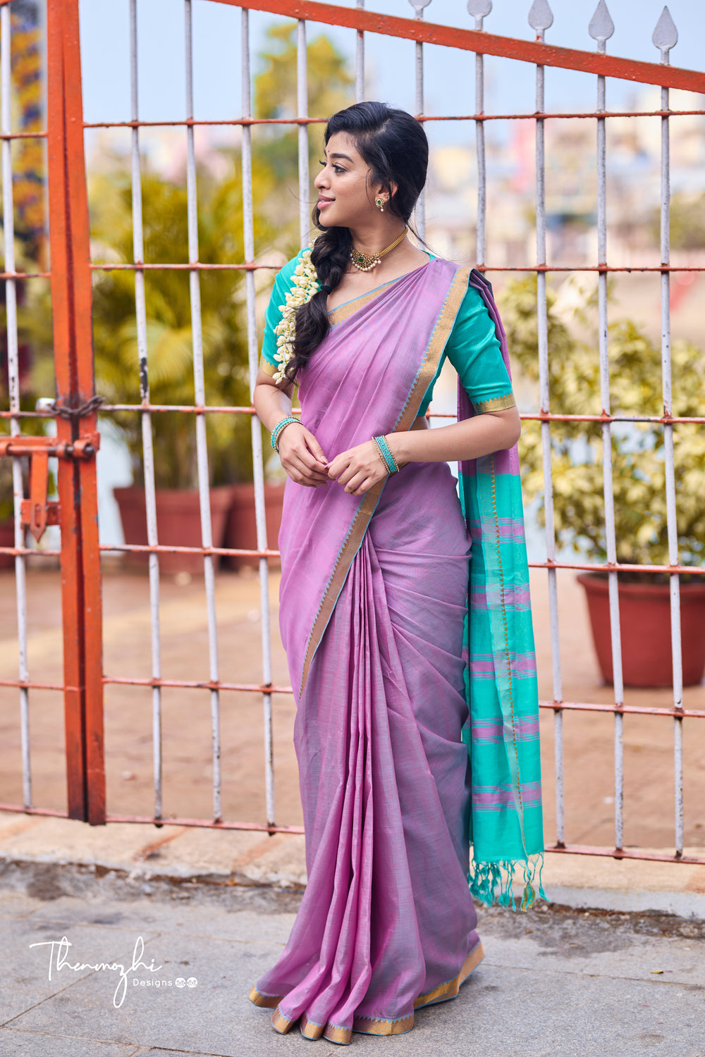 Light Pink and Turquiose Handwoven Mangalagiri Semi Silk Cotton Saree