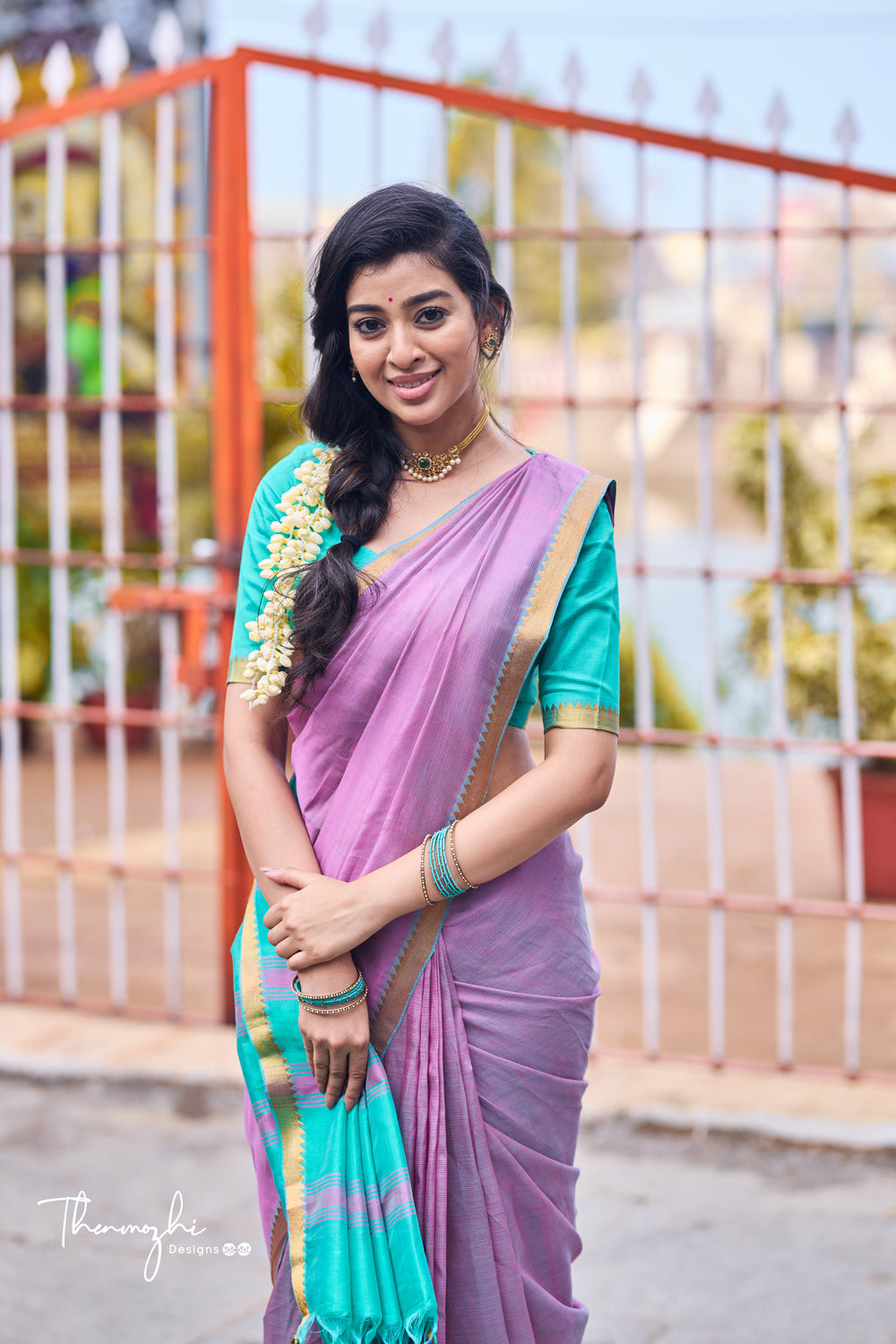 Light Pink and Turquiose Handwoven Mangalagiri Semi Silk Cotton Saree