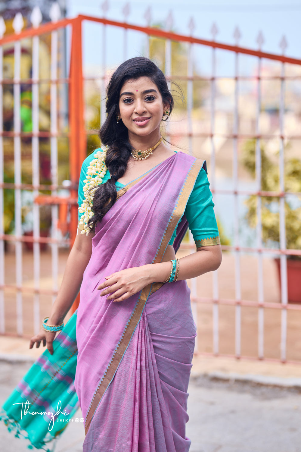 Light Pink and Turquiose Handwoven Mangalagiri Semi Silk Cotton Saree