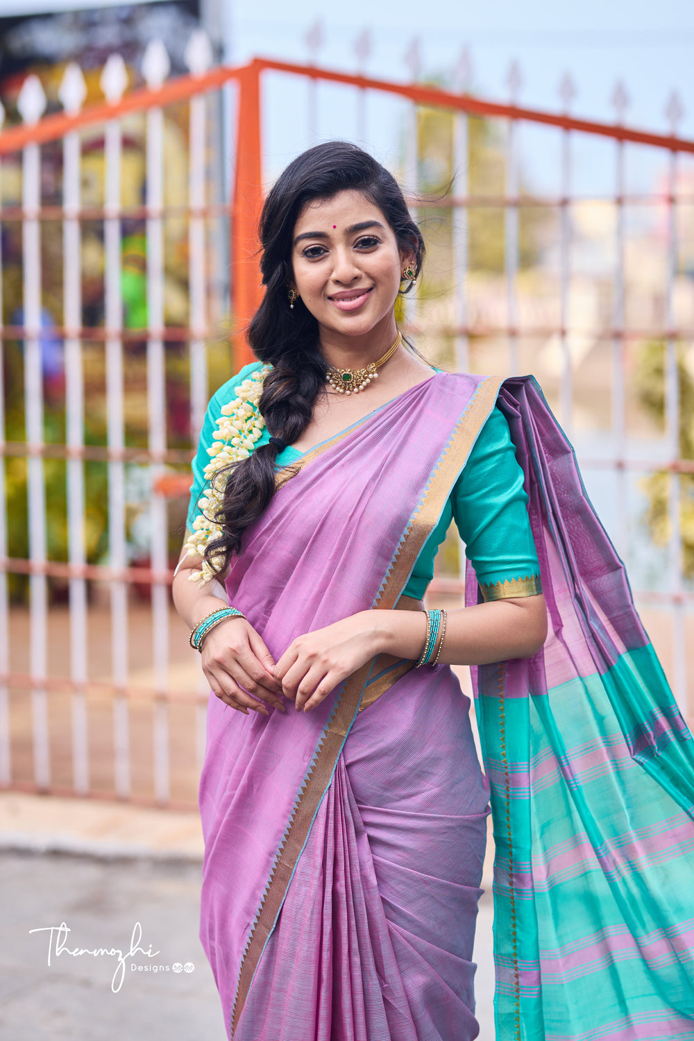 Light Pink and Turquiose Handwoven Mangalagiri Semi Silk Cotton Saree