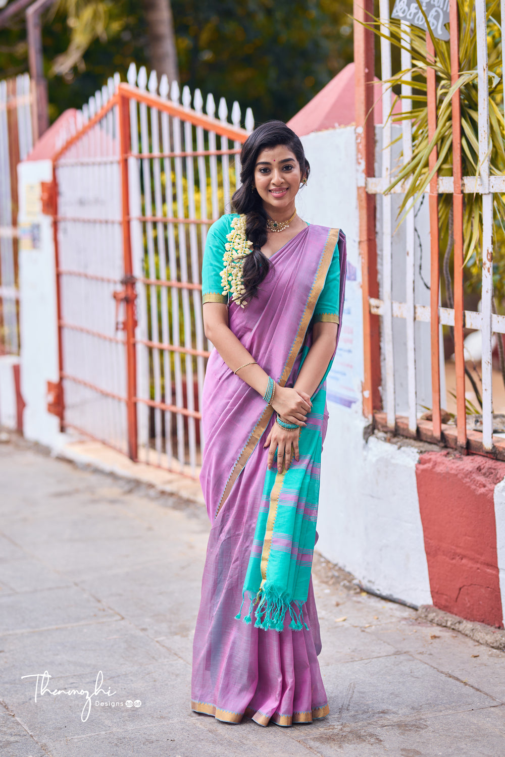 Light Pink and Turquiose Handwoven Mangalagiri Semi Silk Cotton Saree
