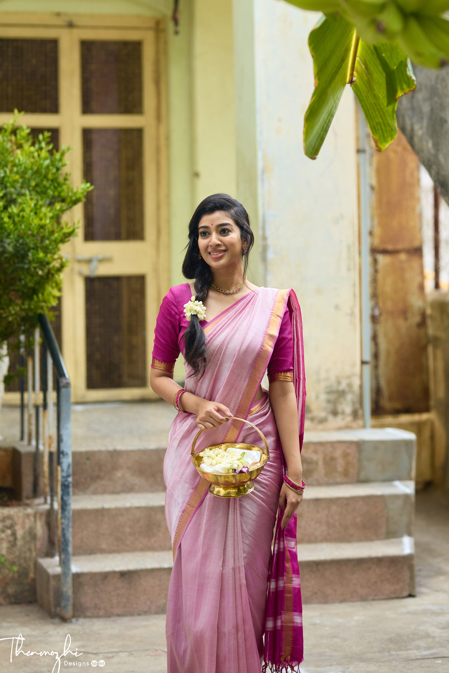Light Pink and Dark Pink Handwoven Mangalagiri Semi Silk Cotton Saree