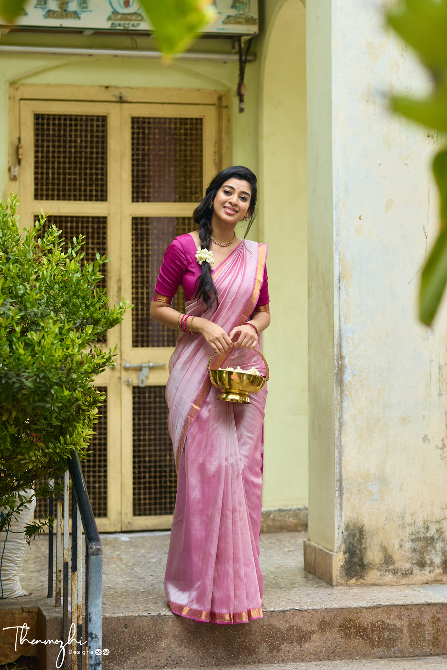 Light Pink and Dark Pink Handwoven Mangalagiri Semi Silk Cotton Saree