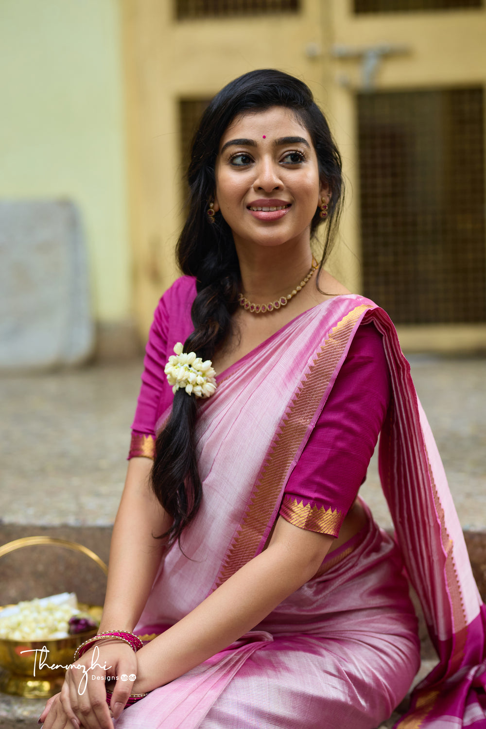 Light Pink and Dark Pink Handwoven Mangalagiri Semi Silk Cotton Saree