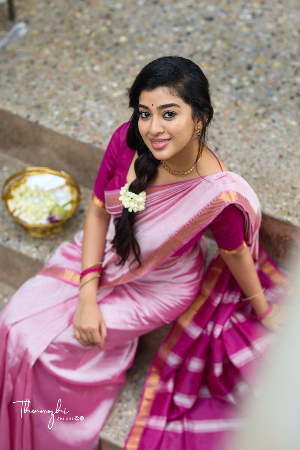Light Pink and Dark Pink Handwoven Mangalagiri Semi Silk Cotton Saree