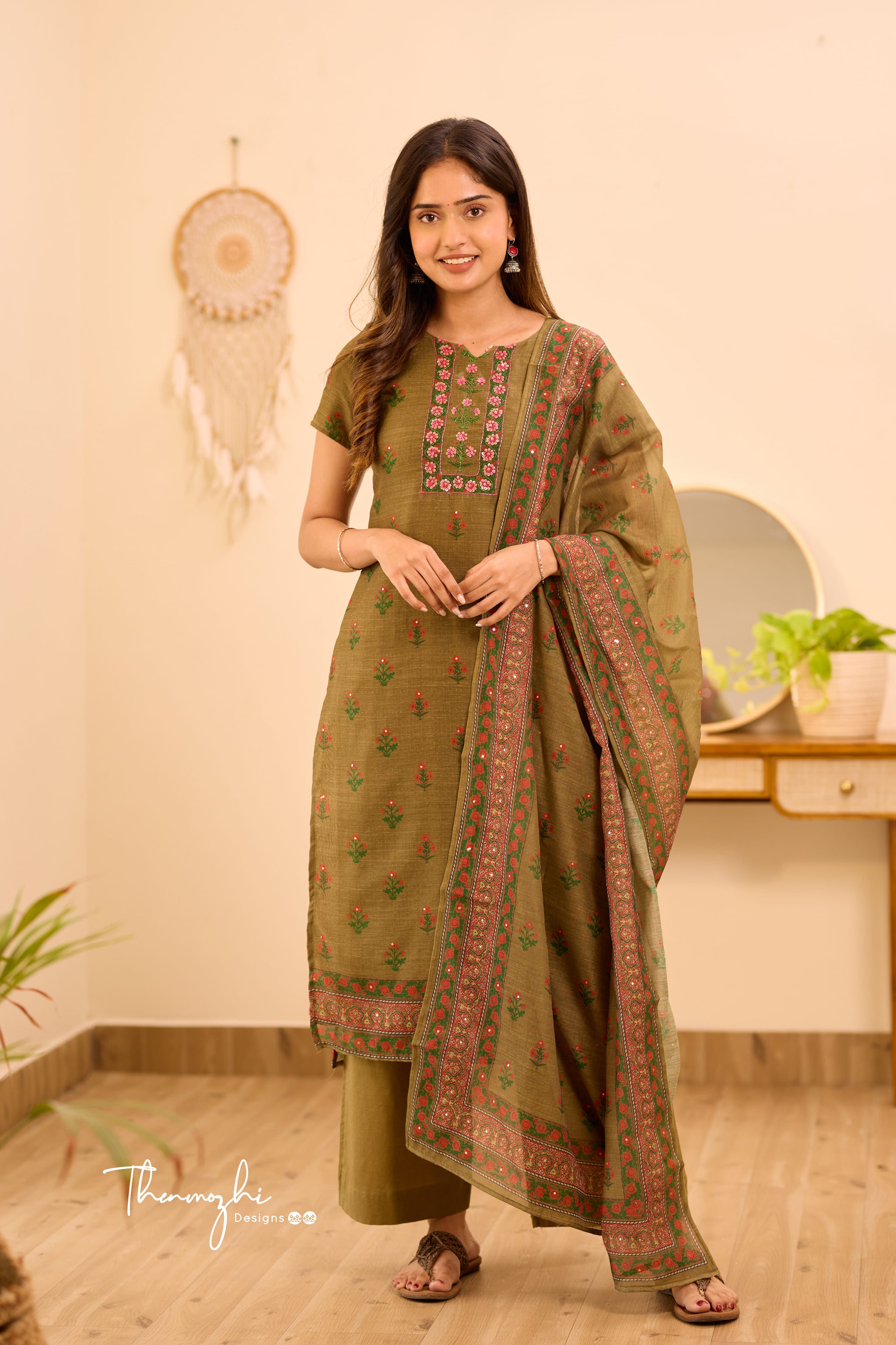 Basil Green Gold Sequence Embroidered Flared Suit Set