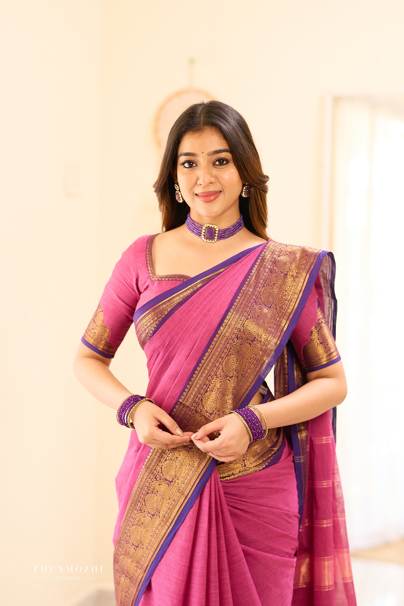 Magenta Pink with Violet Border Chettinad Cotton Saree