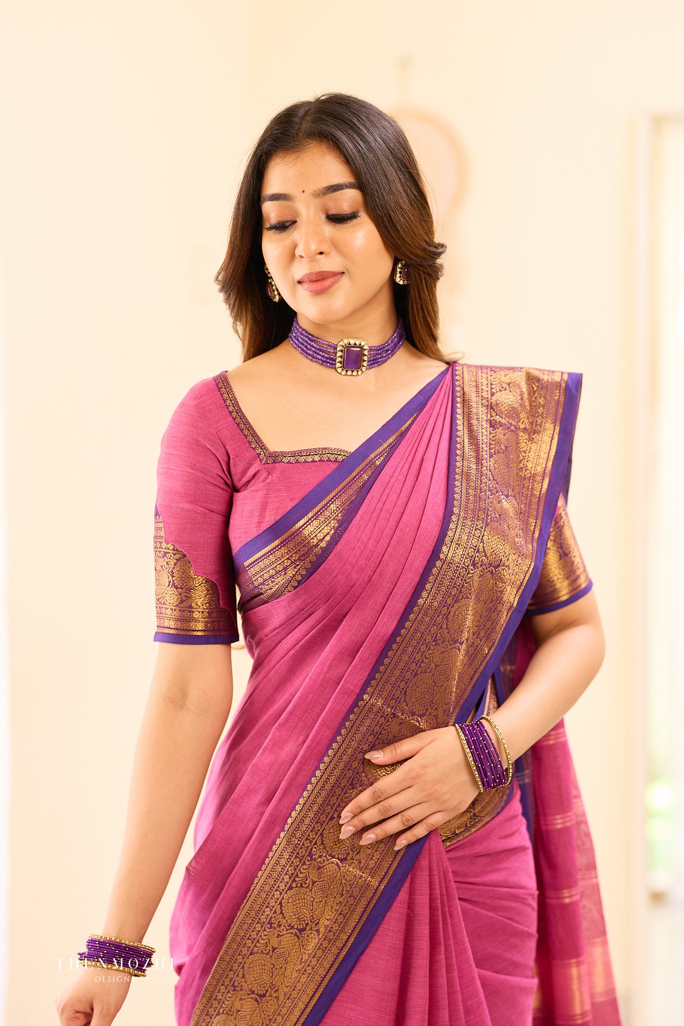 Magenta Pink with Violet Border Chettinad Cotton Saree