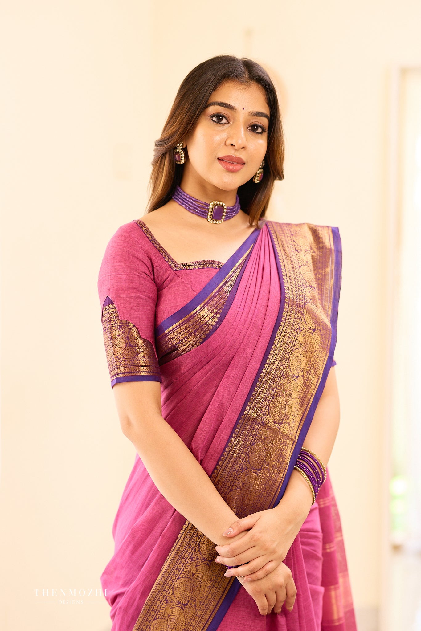 Magenta Pink with Violet Border Chettinad Cotton Saree