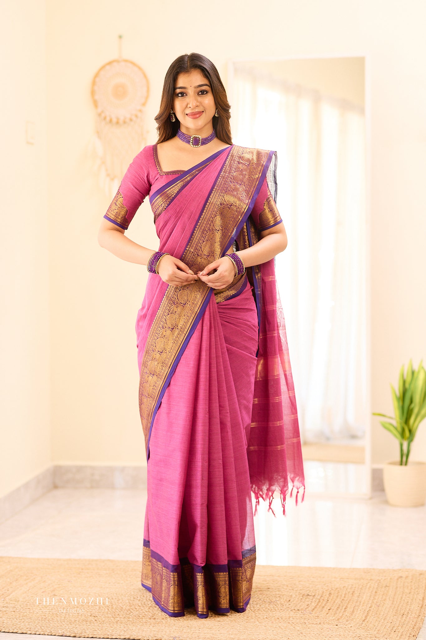 Magenta Pink with Violet Border Chettinad Cotton Saree