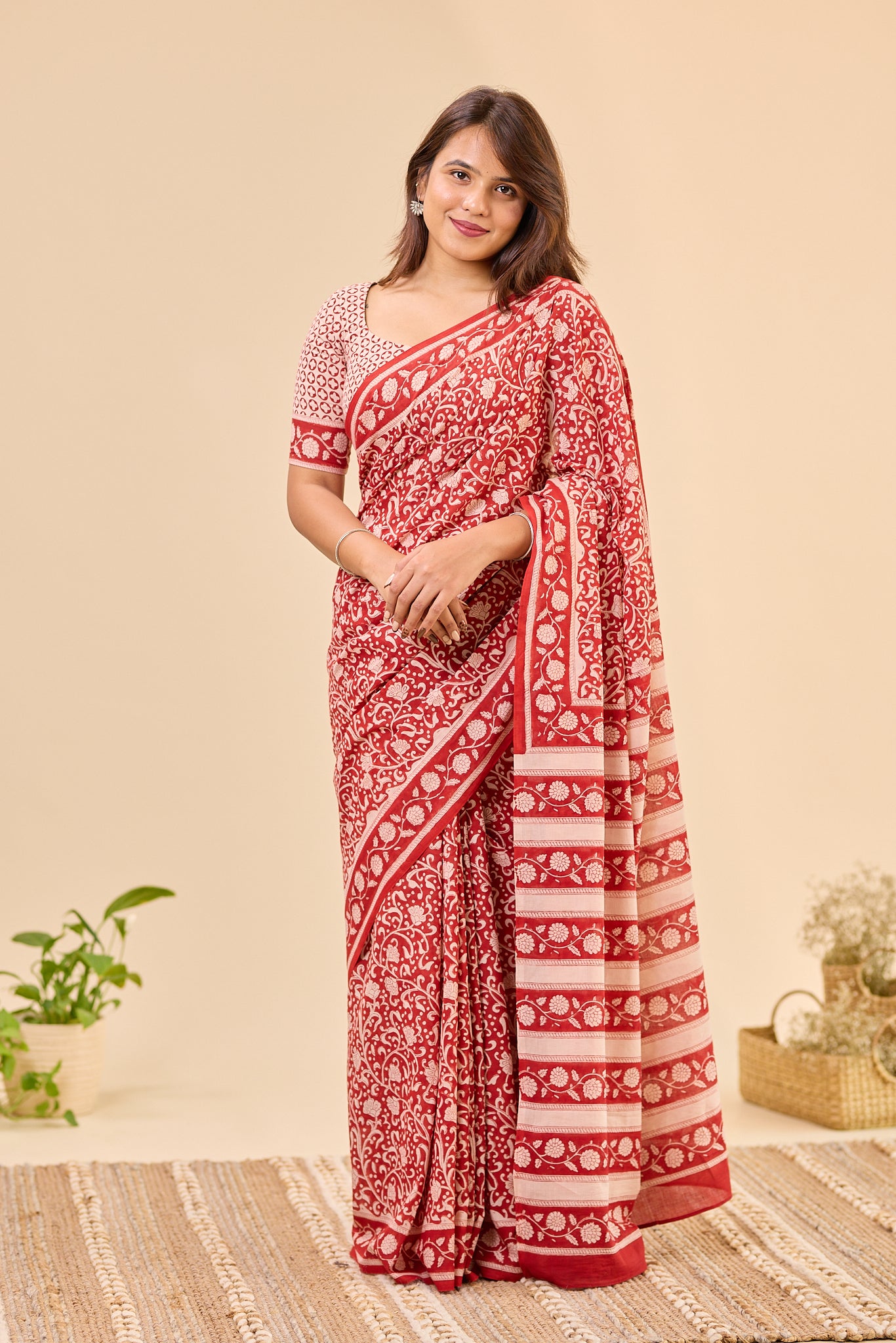 Maroon & Ivory Traditional Bagru Handblock Printed Mul Cotton Saree