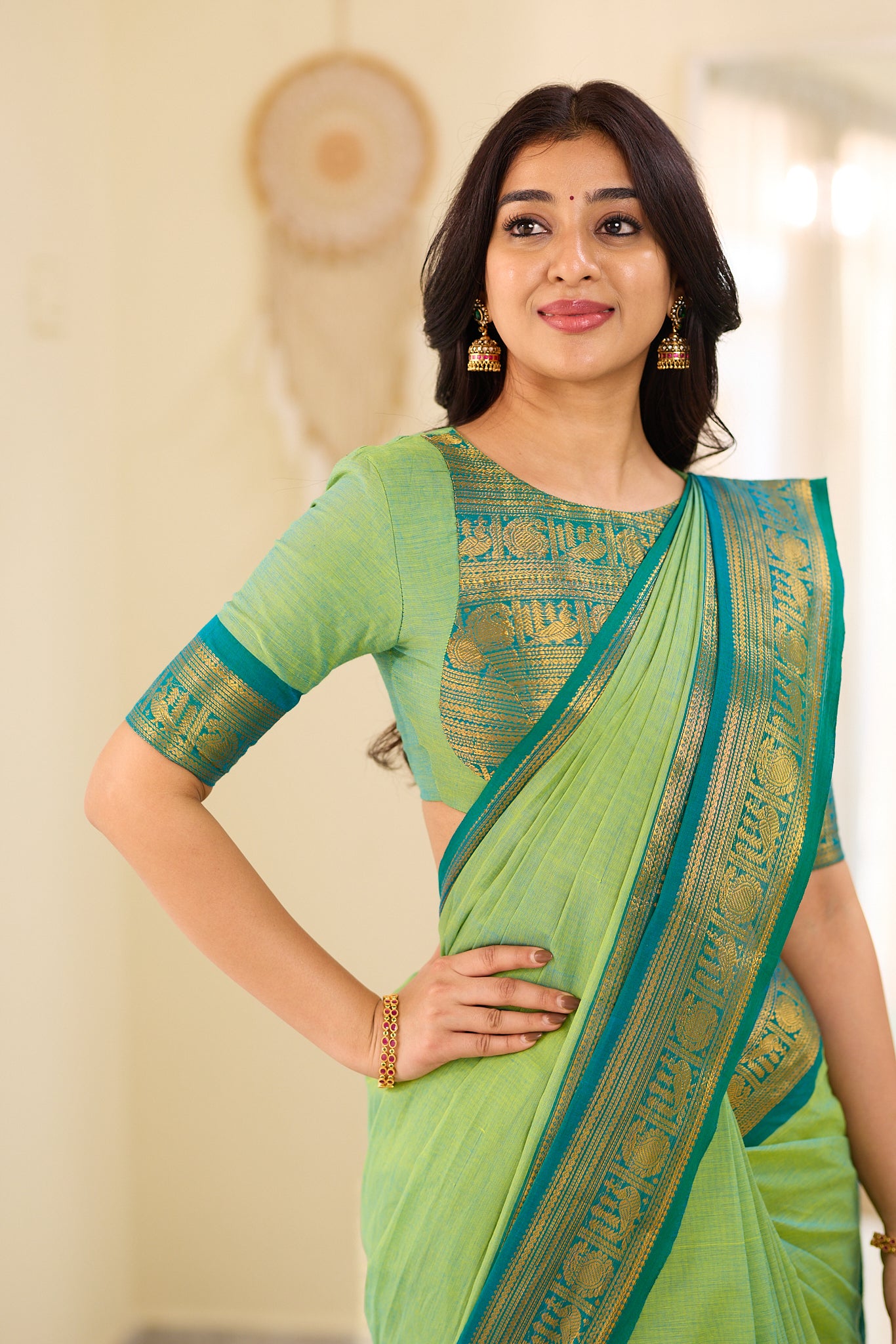 Meadow Green With Deep Teal Blue border Chettinad Cotton Saree