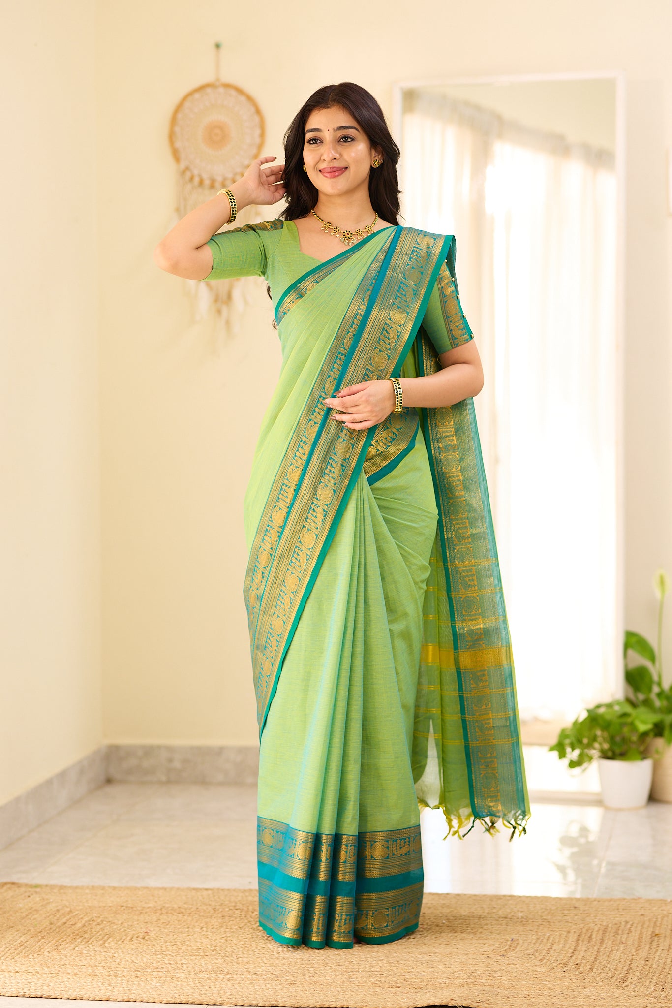 Meadow Green With Deep Teal Blue border Chettinad Cotton Saree