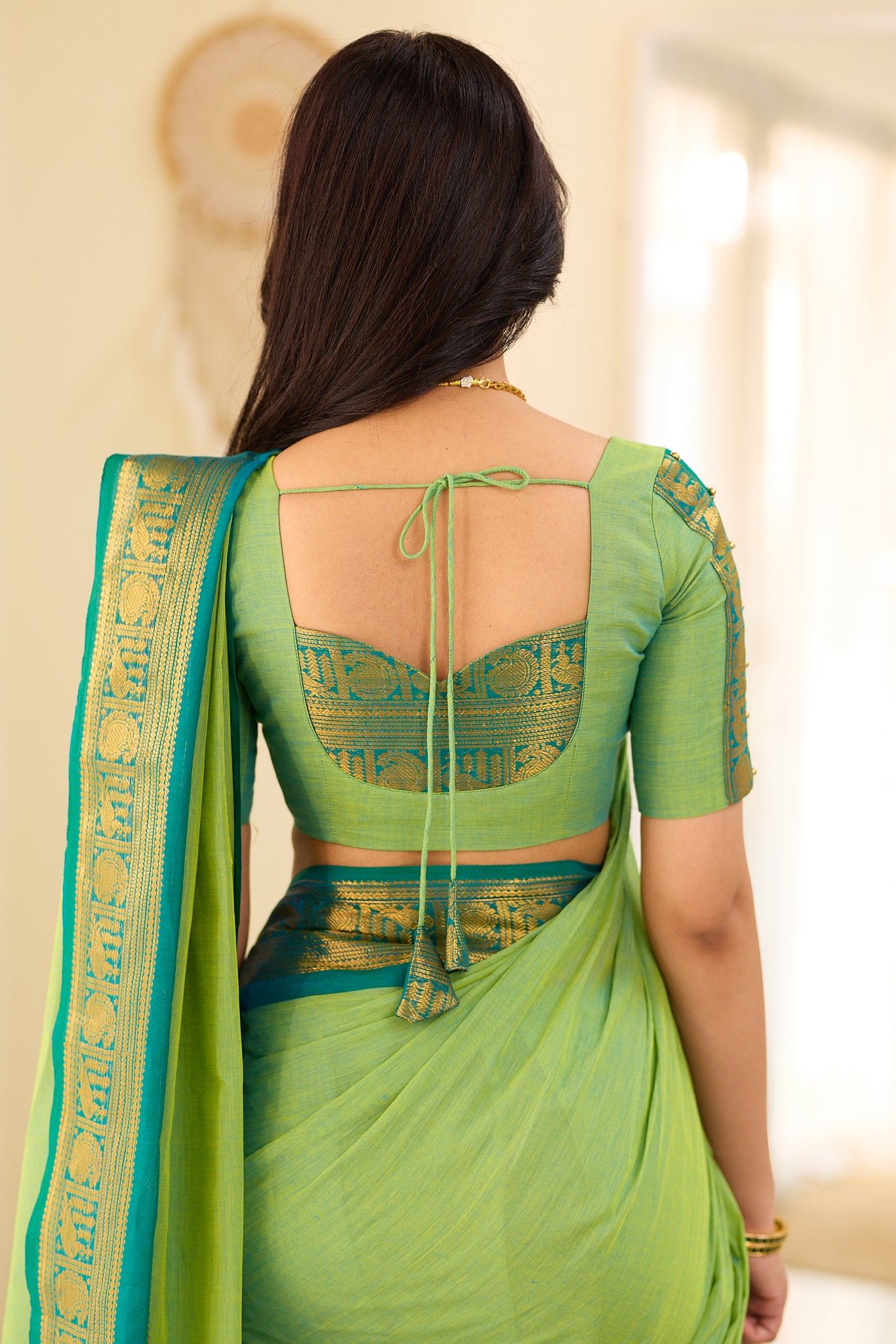 Meadow Green With Deep Teal Blue border Chettinad Cotton Saree