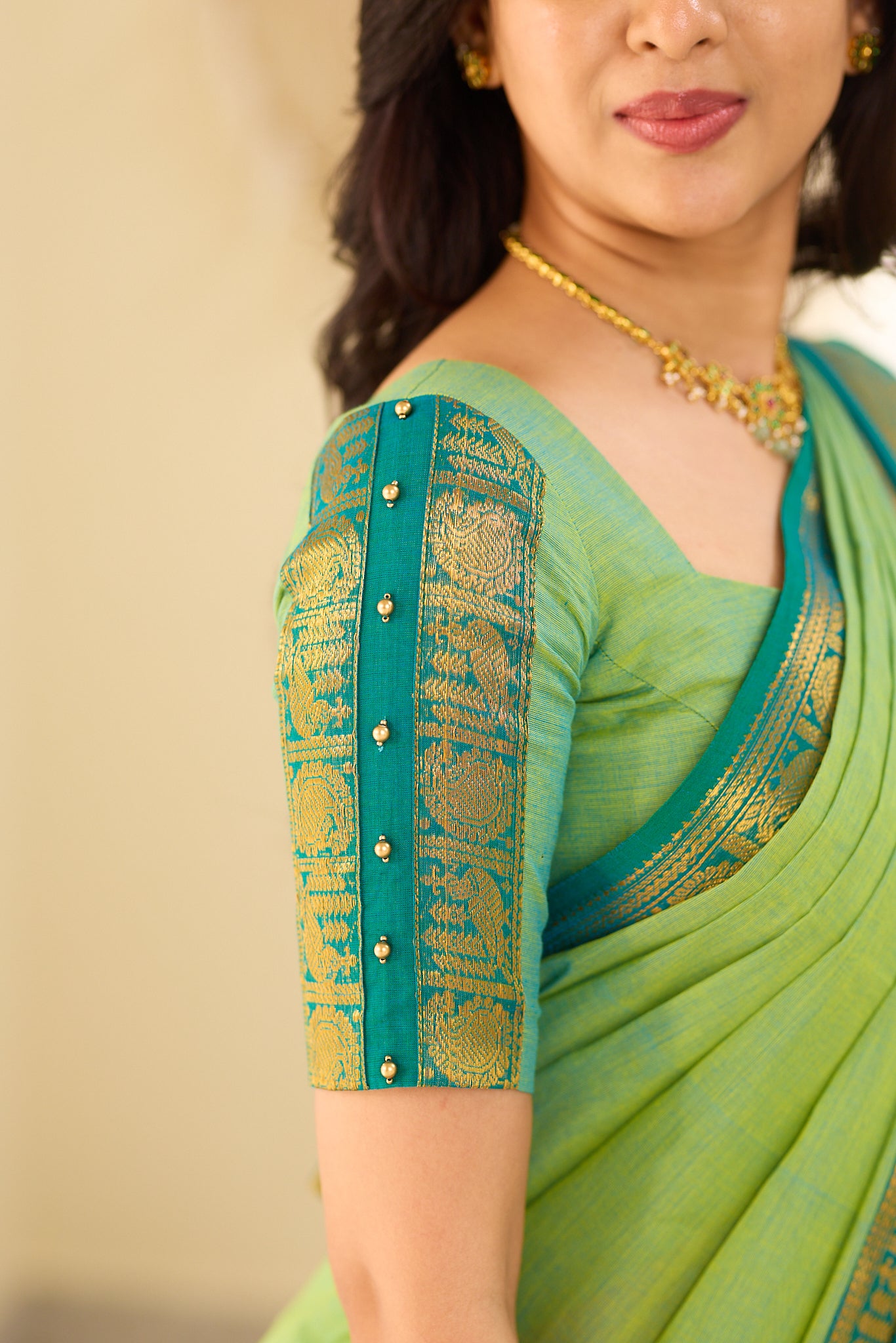 Meadow Green With Deep Teal Blue border Chettinad Cotton Saree