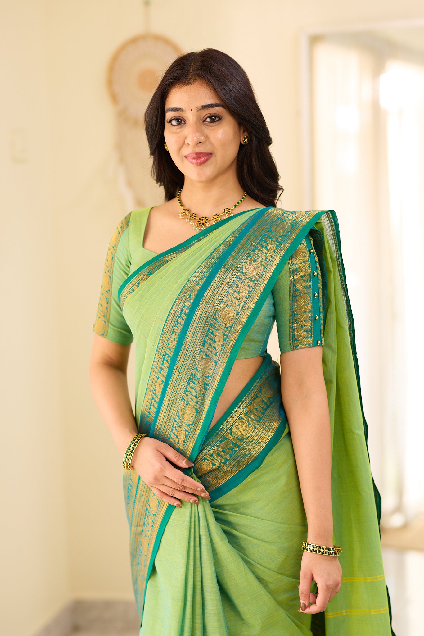 Meadow Green With Deep Teal Blue border Chettinad Cotton Saree