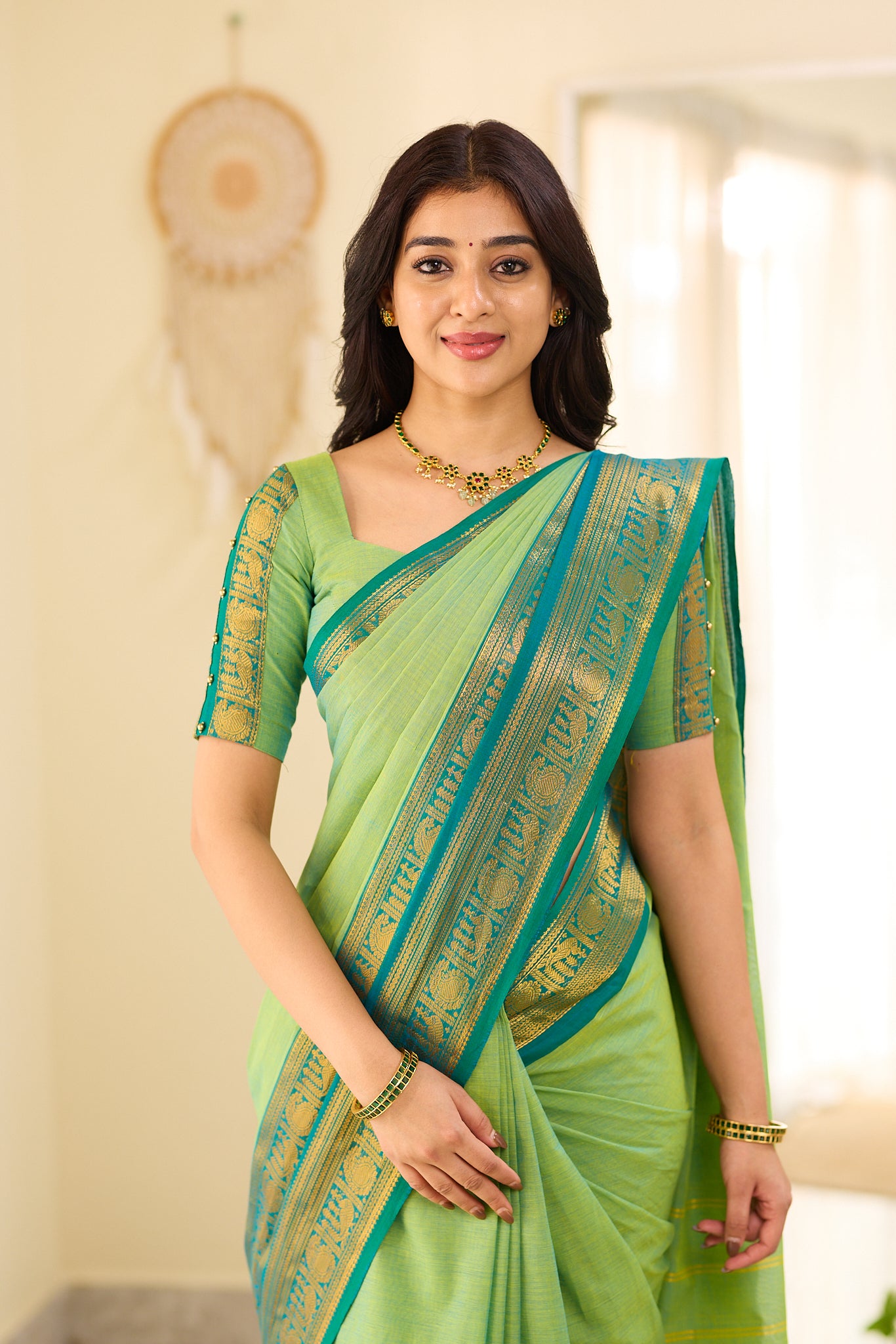 Meadow Green With Deep Teal Blue border Chettinad Cotton Saree