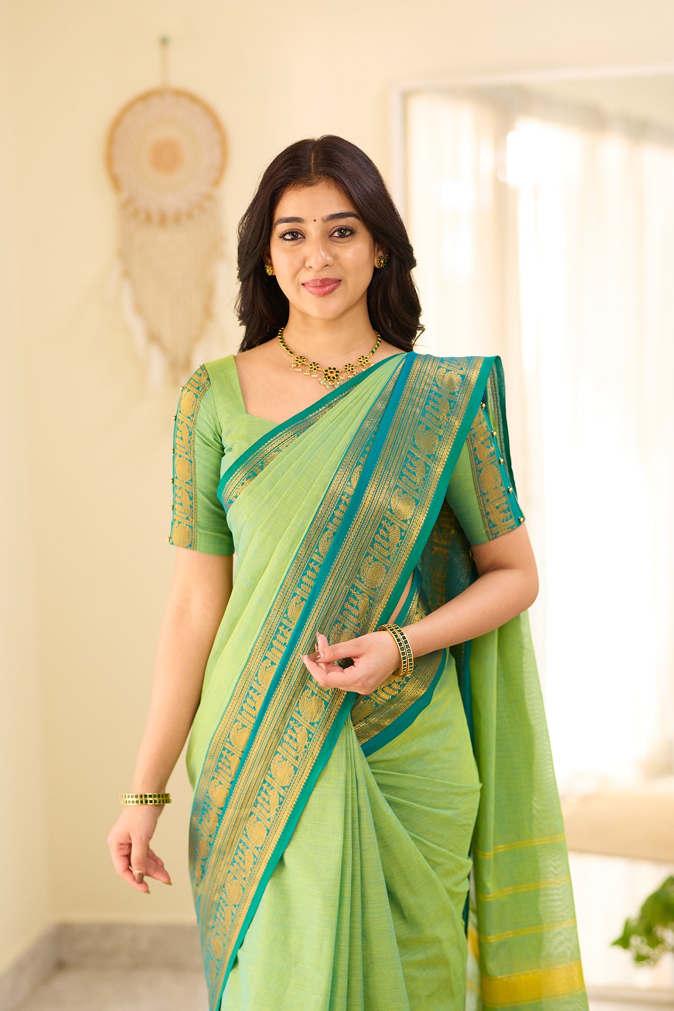 Meadow Green With Deep Teal Blue border Chettinad Cotton Saree