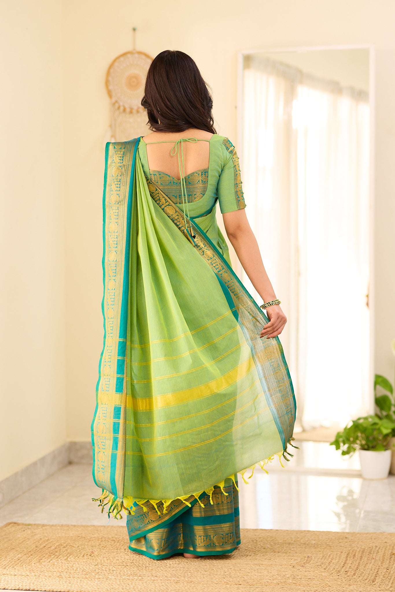 Meadow Green With Deep Teal Blue border Chettinad Cotton Saree