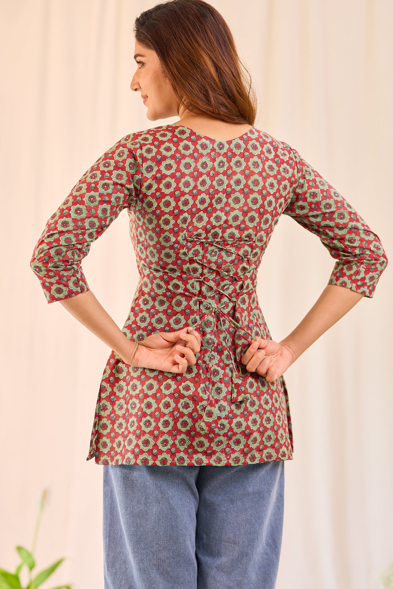 Mehndi Red Printed Cotton Short Kurti