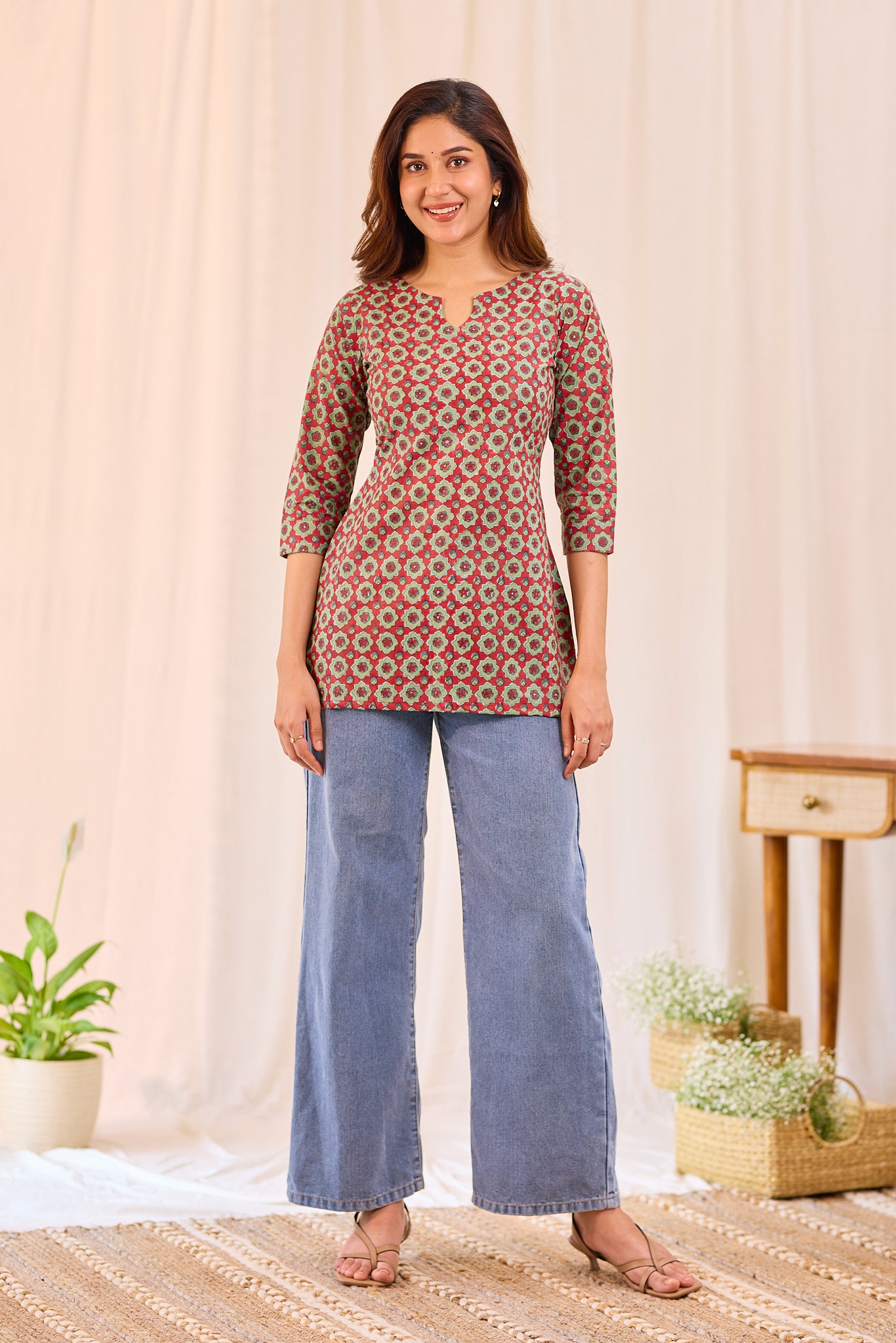 Mehndi Red Printed Cotton Short Kurti