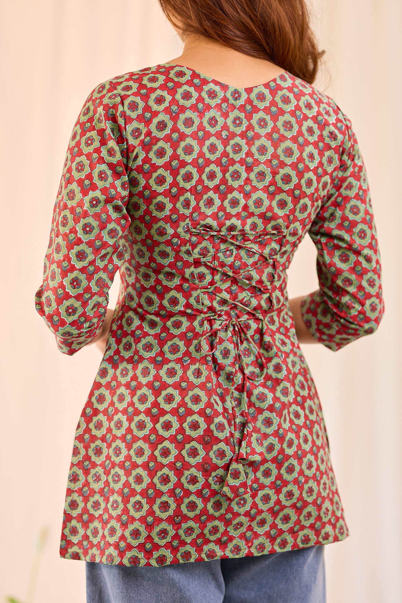 Mehndi Red Printed Cotton Short Kurti