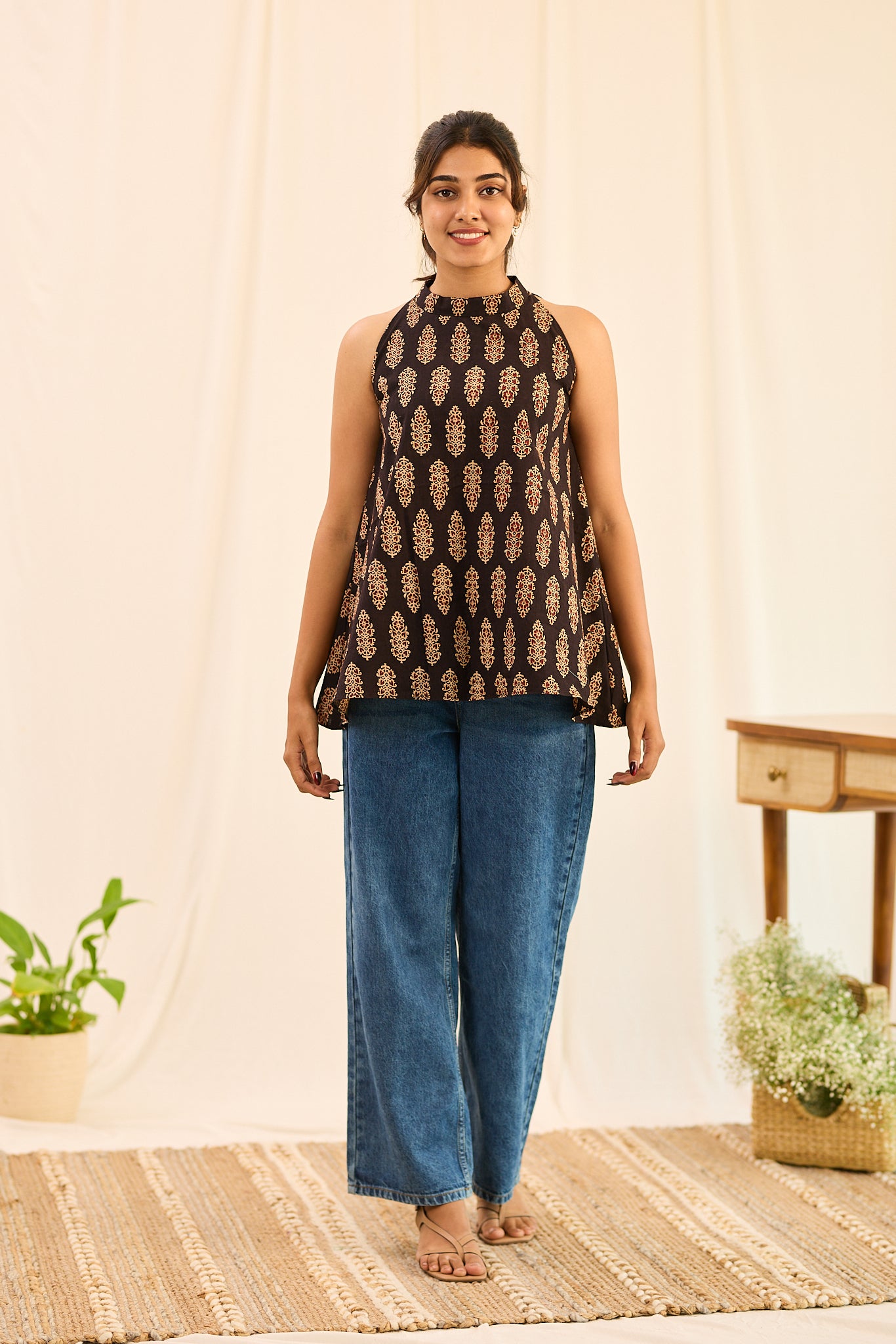 Midnight Black Halter - Neck Sleeveless Printed Cotton Short Kurti