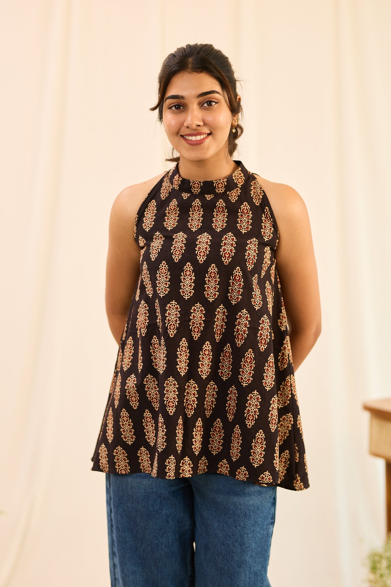 Midnight Black Halter - Neck Sleeveless Printed Cotton Short Kurti