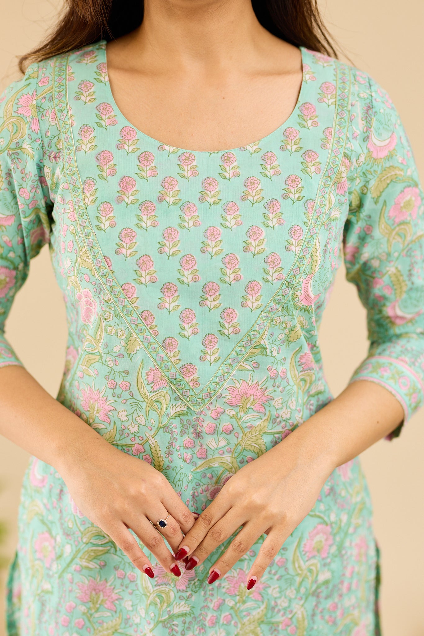 Mint Blossom with blush pink floral block printed Cotton Salwar Suit-Set with Kota Dupatta