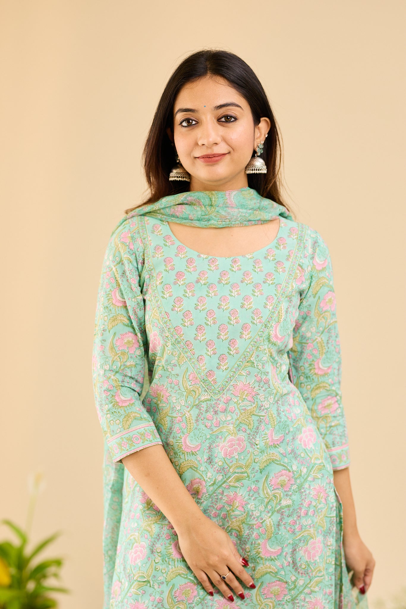 Mint Blossom with blush pink floral block printed Cotton Salwar Suit-Set with Kota Dupatta