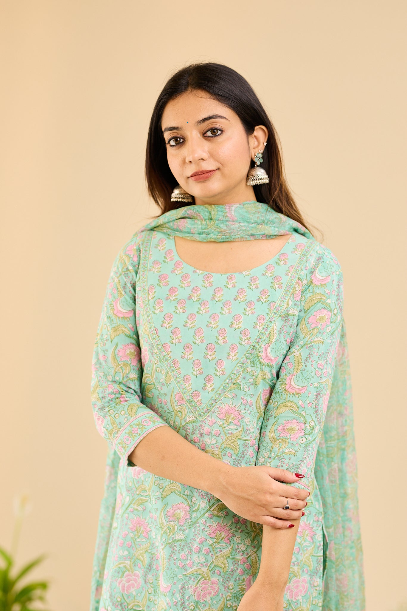 Mint Blossom with blush pink floral block printed Cotton Salwar Suit-Set with Kota Dupatta