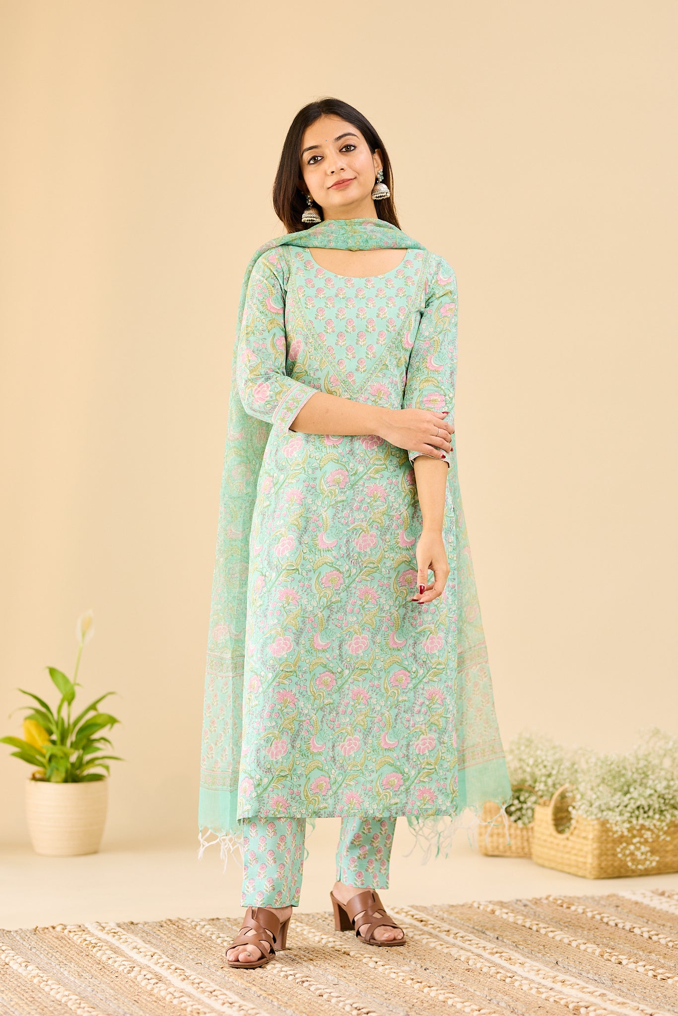 Mint Blossom with blush pink floral block printed Cotton Salwar Suit-Set with Kota Dupatta