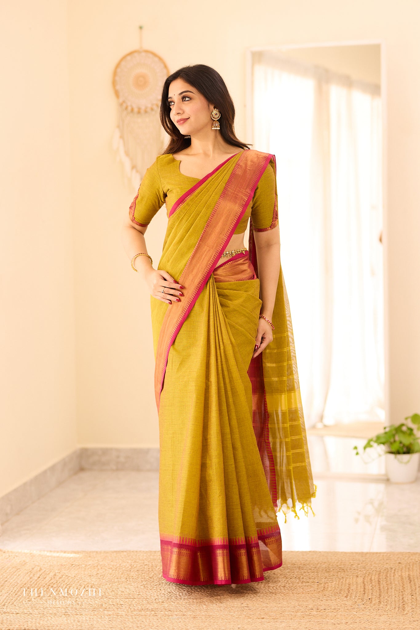 Miss Green Chettinad Cotton Saree with Pink Zari Border