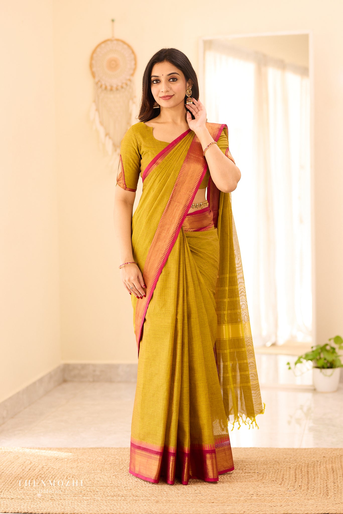 Moss Green Chettinad Cotton Saree with Pink Zari Border
