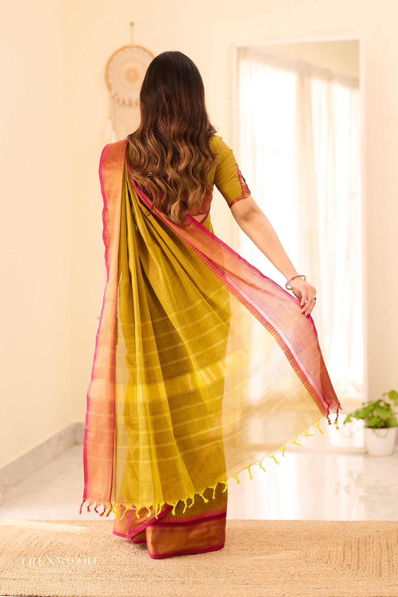 Moss Green Chettinad Cotton Saree with Pink Zari Border